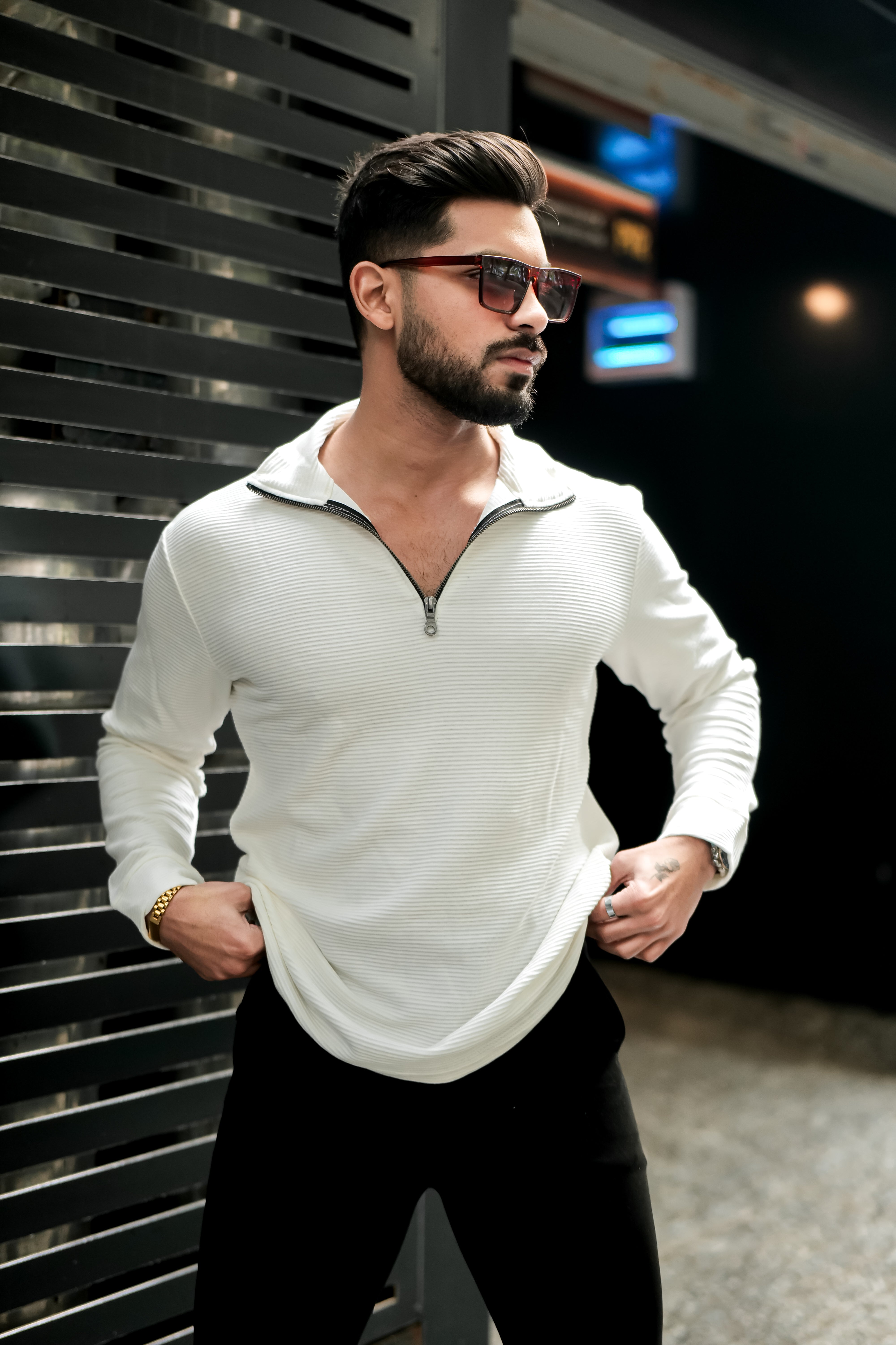 White Self Design Front Zipper T-Shirt