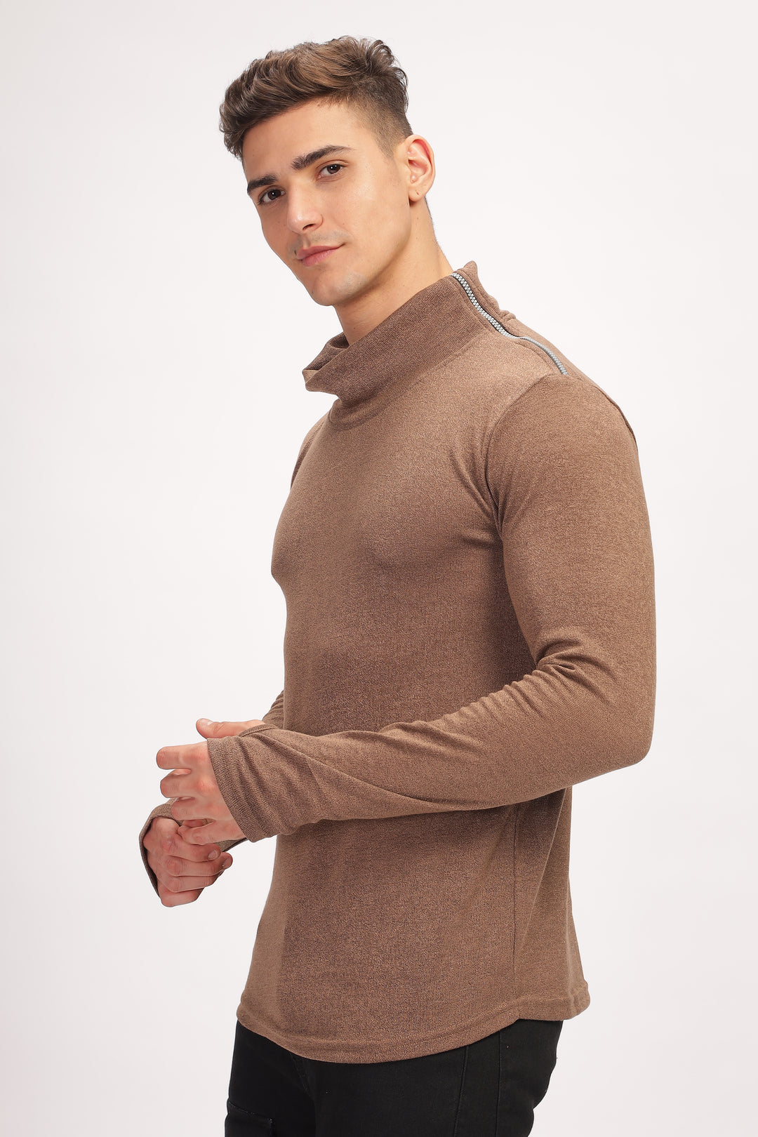 Brown Thumb Hole Self Design T-Shirt