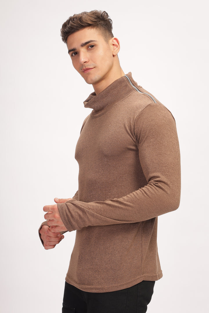 Brown Thumb Hole Self Design T-Shirt