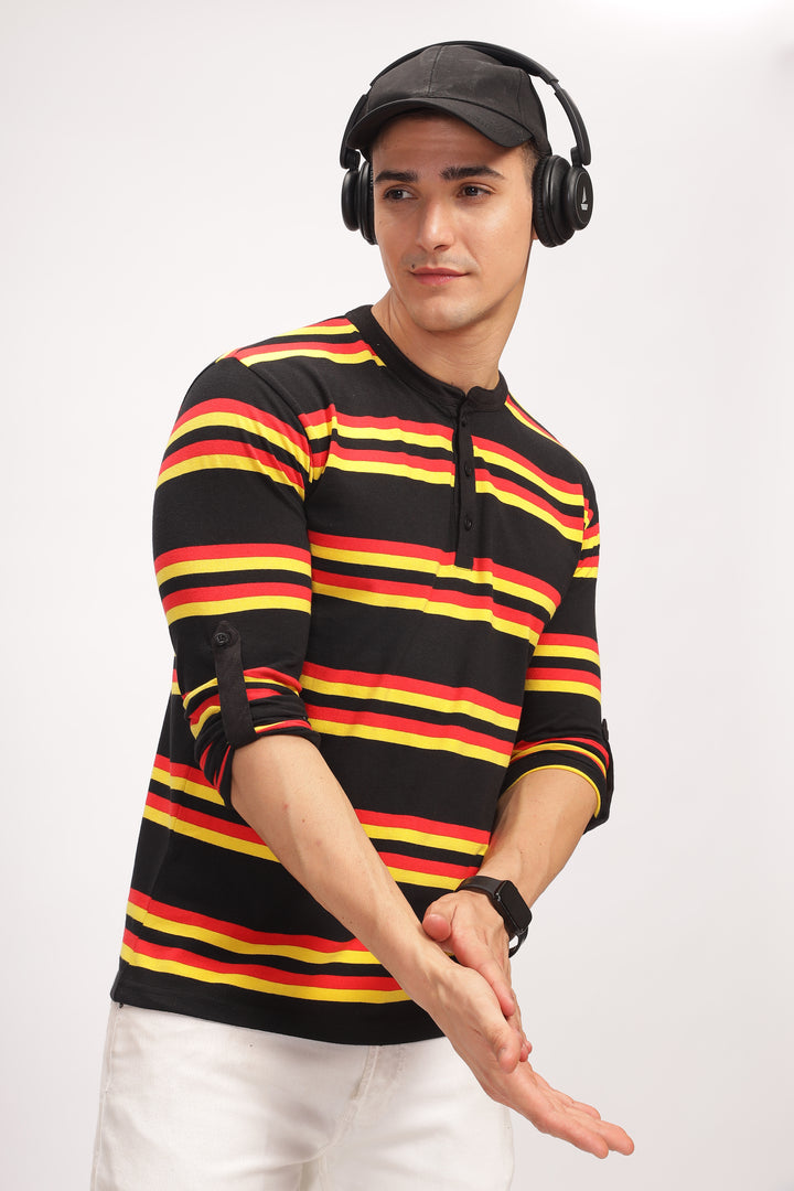 Red Black Color Blocked Henley Neck T-Shirt