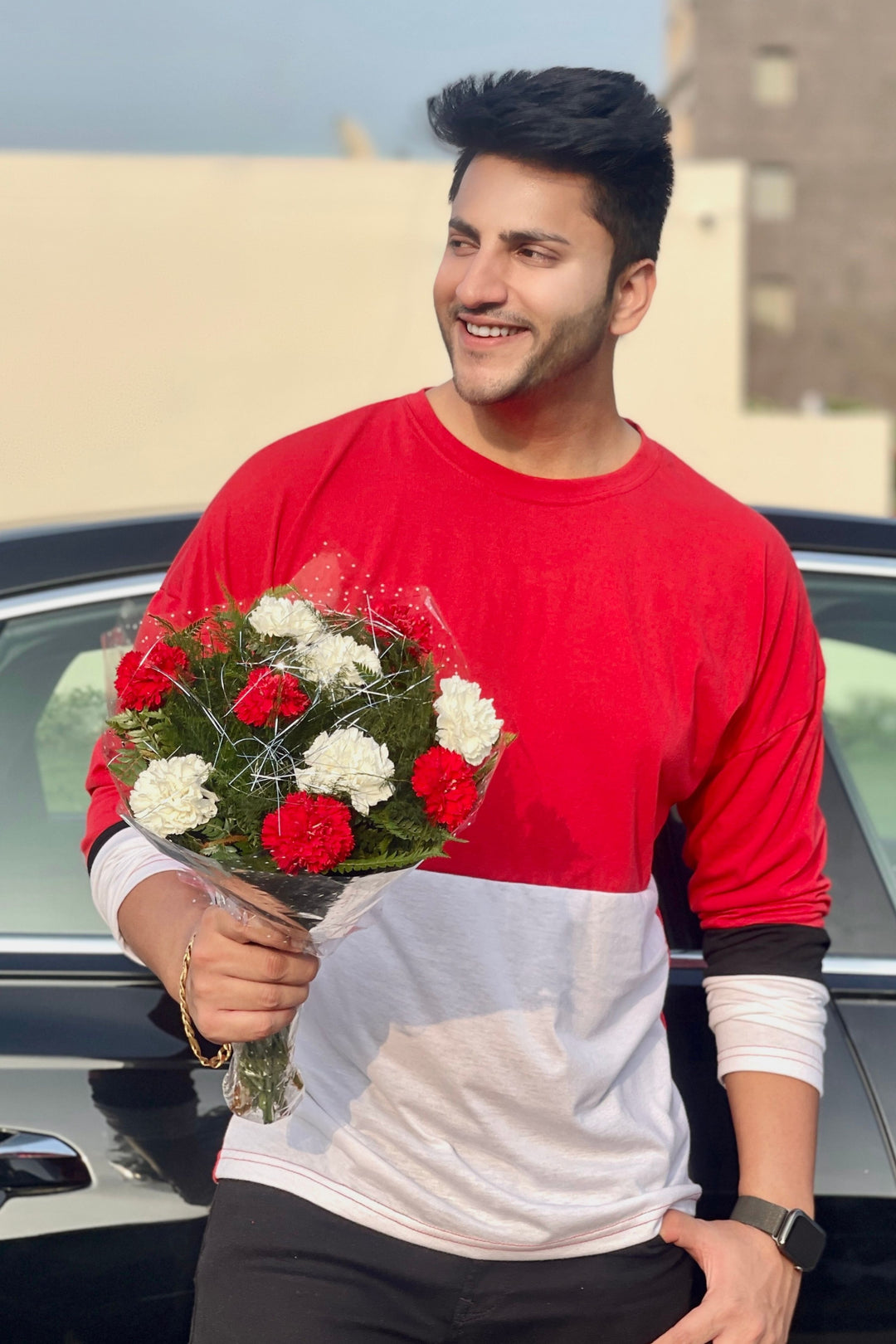 Oversized Red and White Drop Shoulder Color Block T-Shirt