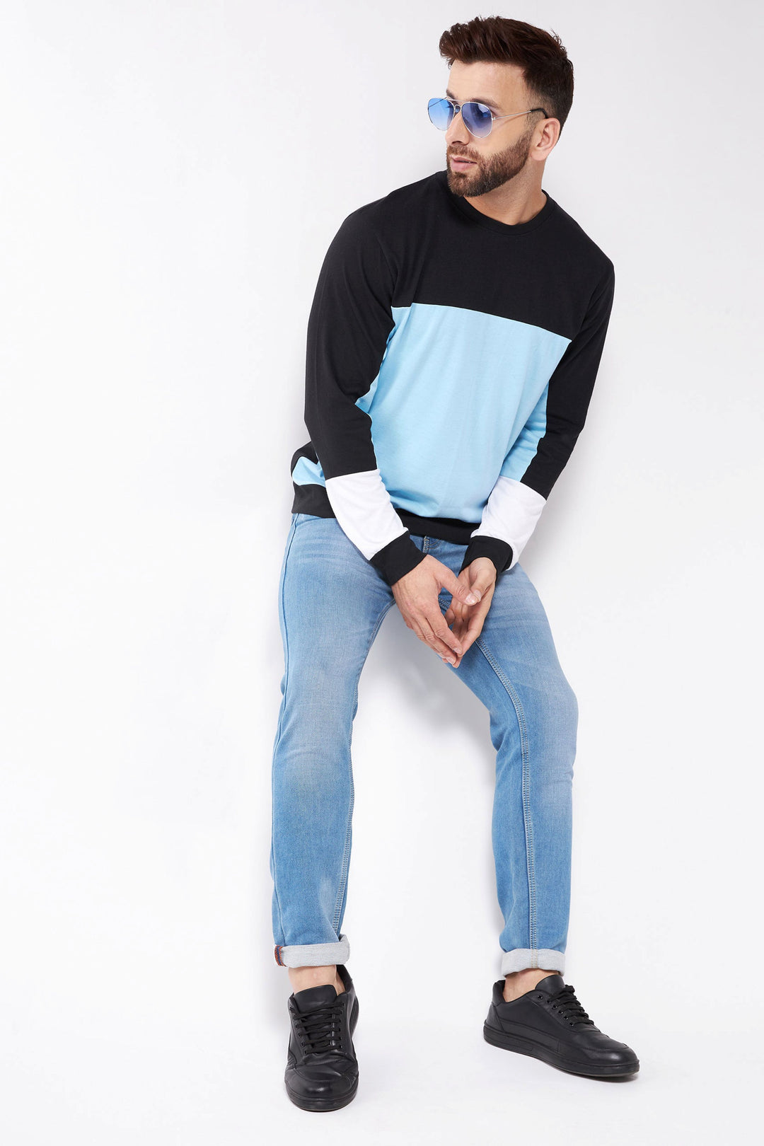 Oversized Black and Sky Blue Color Block  T-Shirt