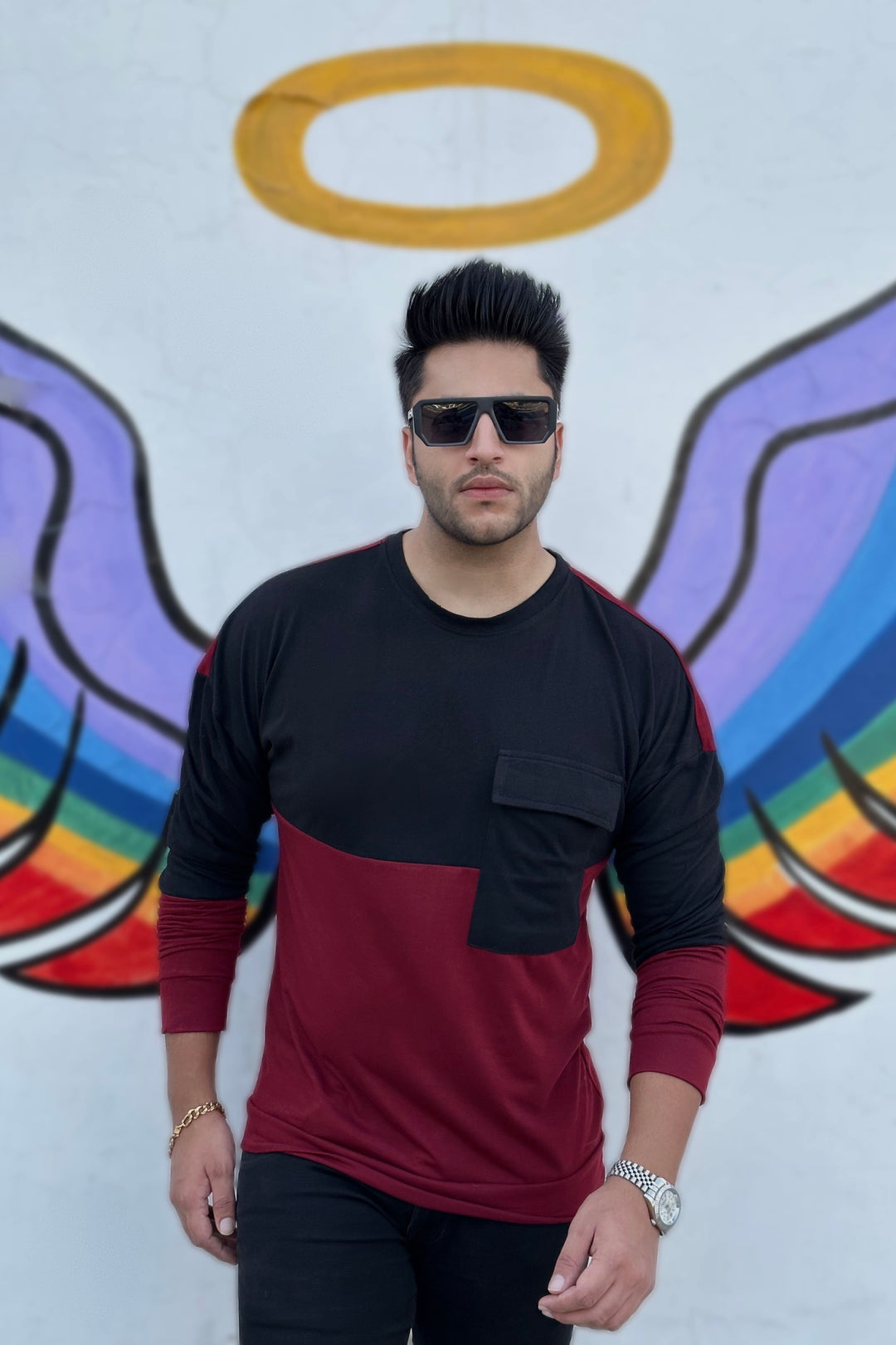 Oversized Black and Maroon Full Sleeve  T-Shirt
