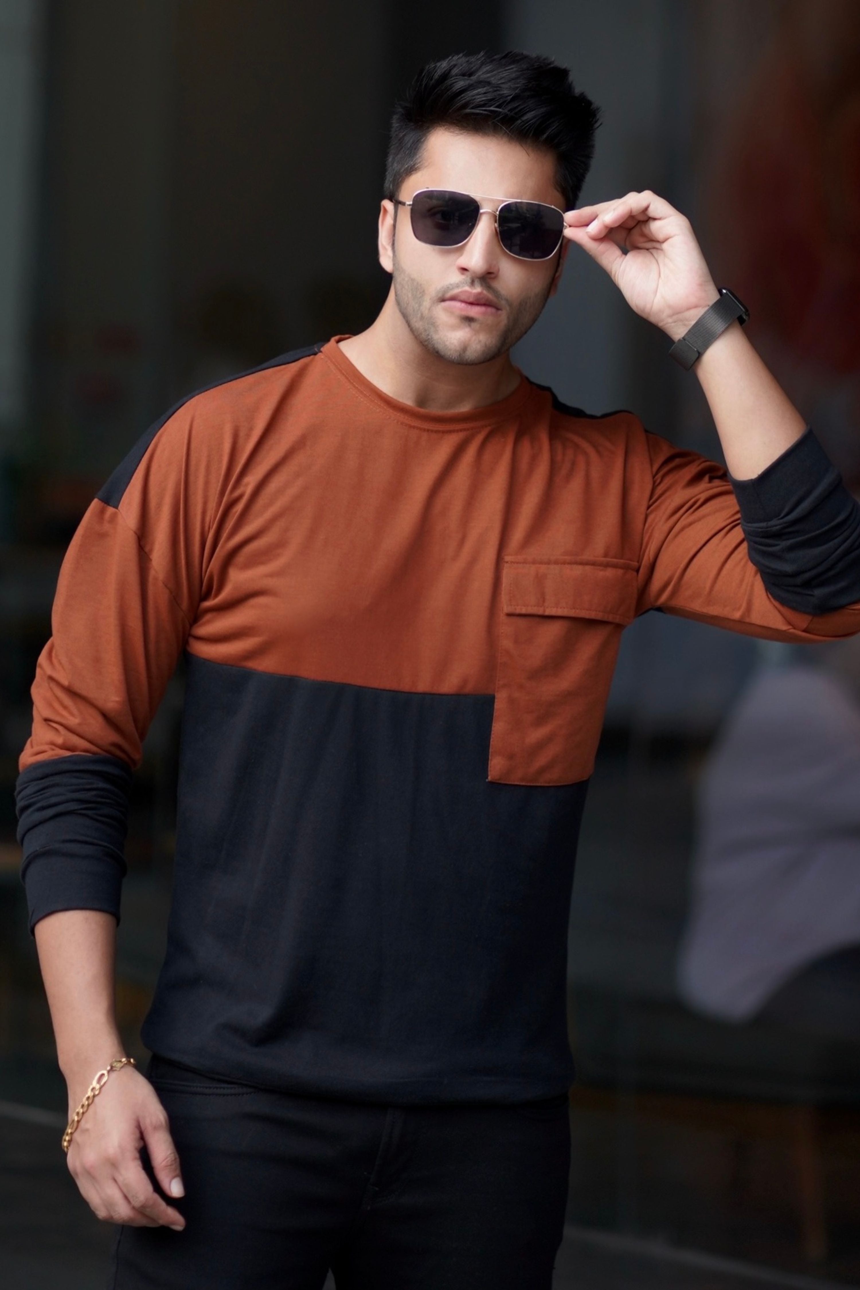 Oversized Black and Brown Full Sleeve  T-Shirt