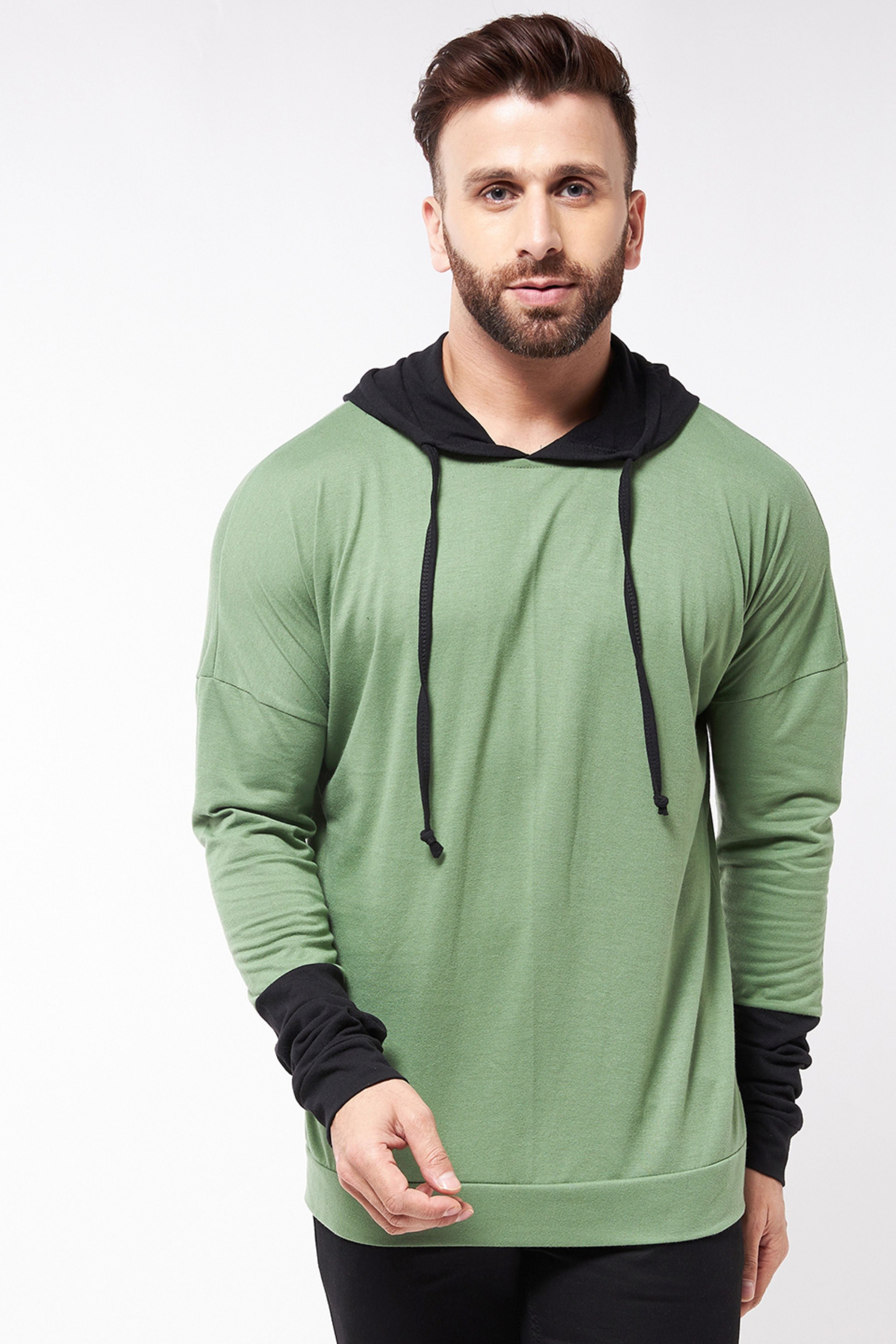 Drop Shoulder Moss Green/ Black Full Sleeve Hooded T-Shirt