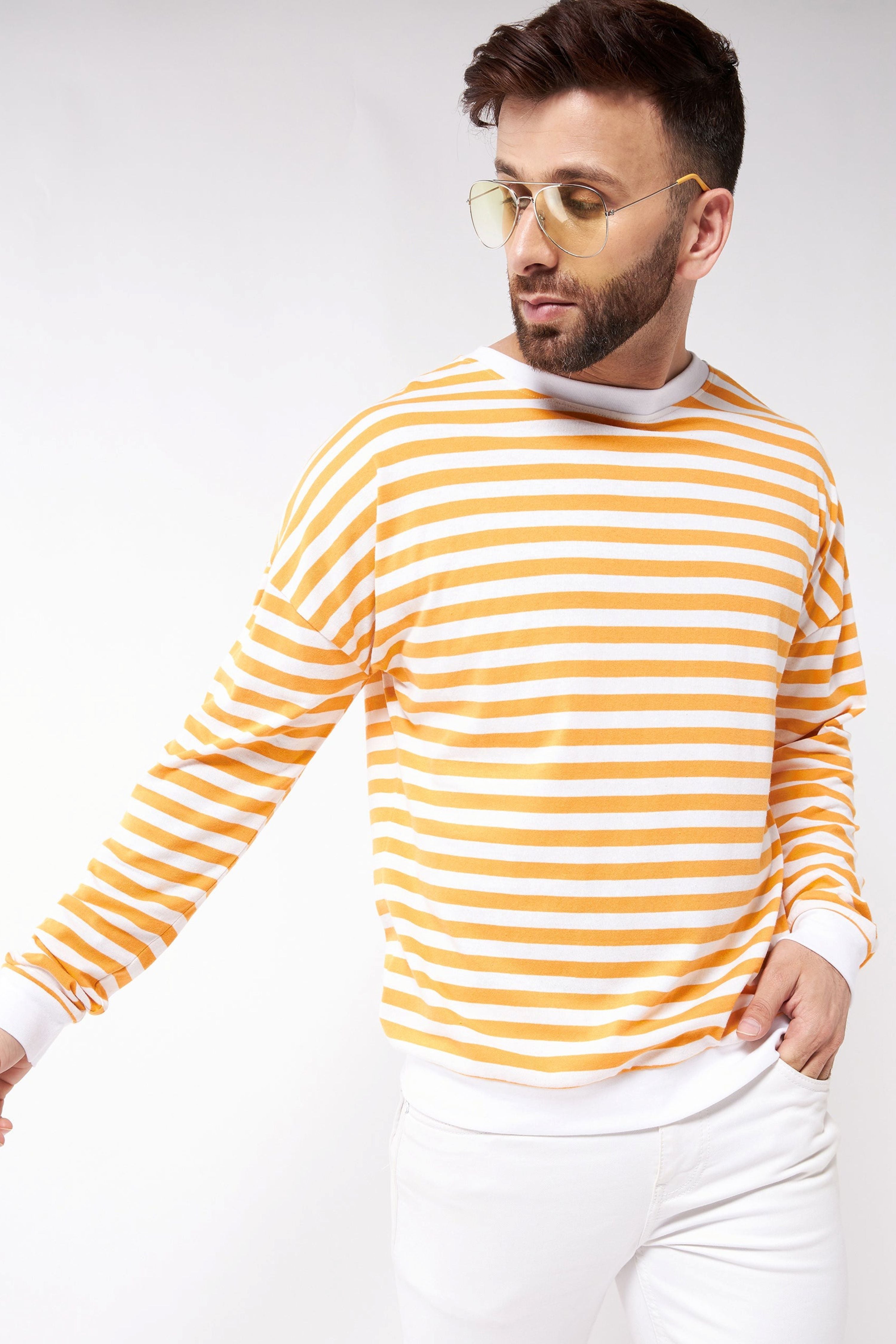 Oversized White Yellow Stripe Printed Full Sleeve Drop Shoulder T-Shirt
