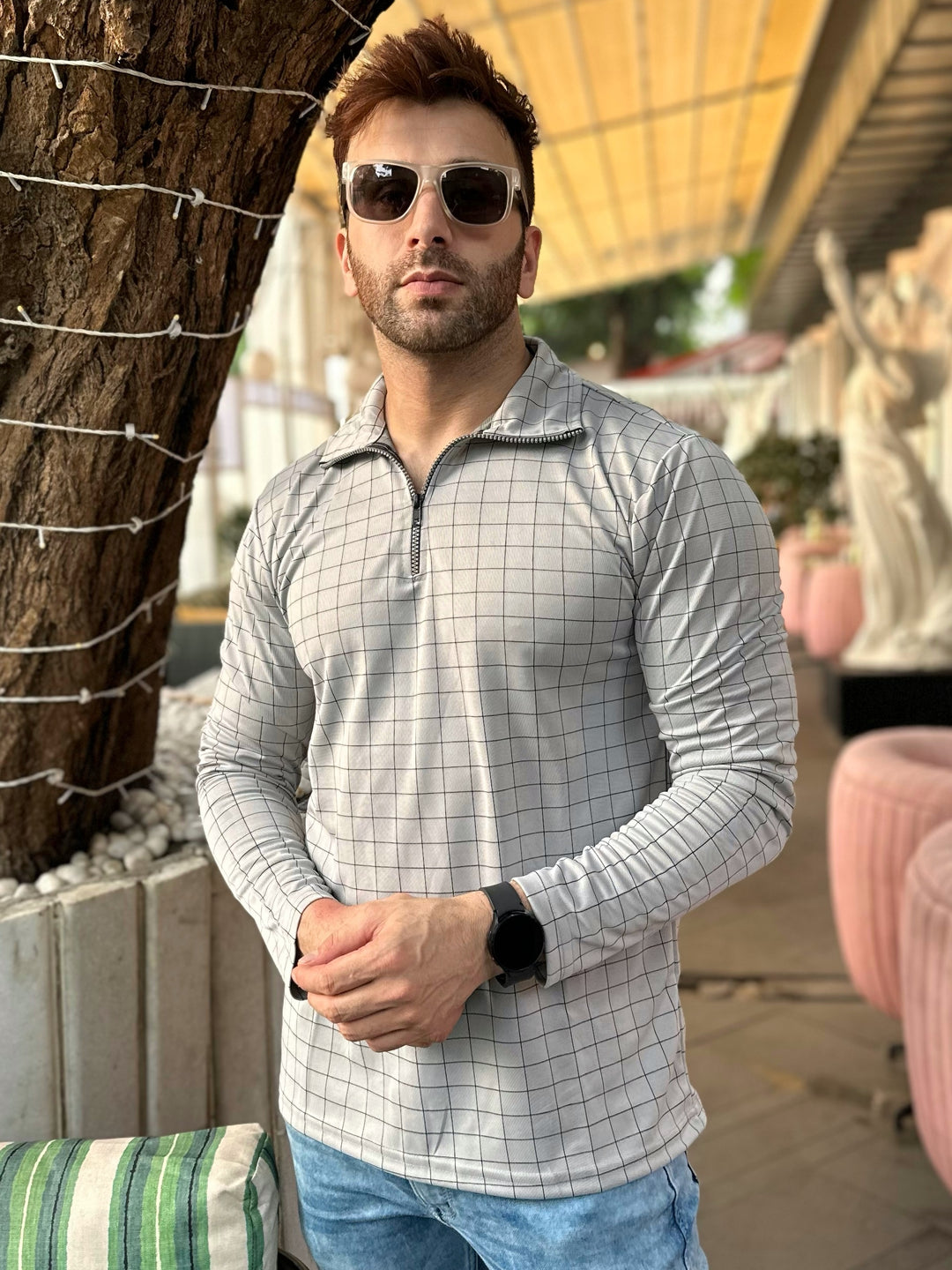 Self Design Silver Grey Zipper T-Shirt