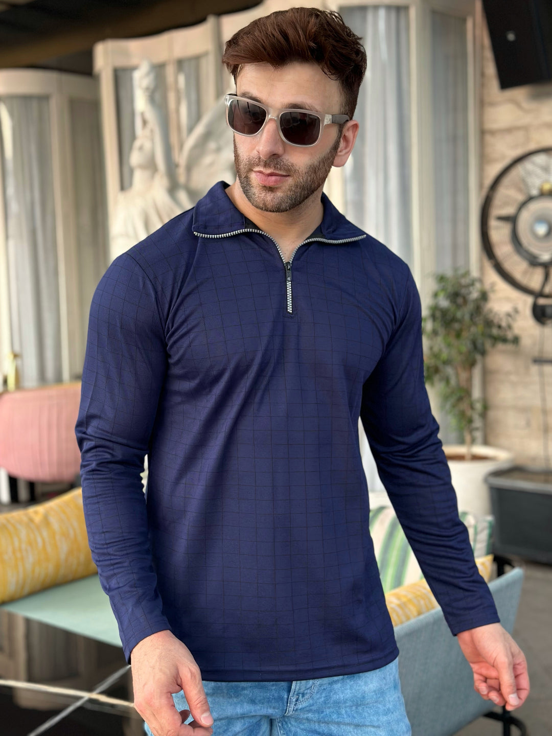 Self Design Navy Blue Zipper T-Shirt