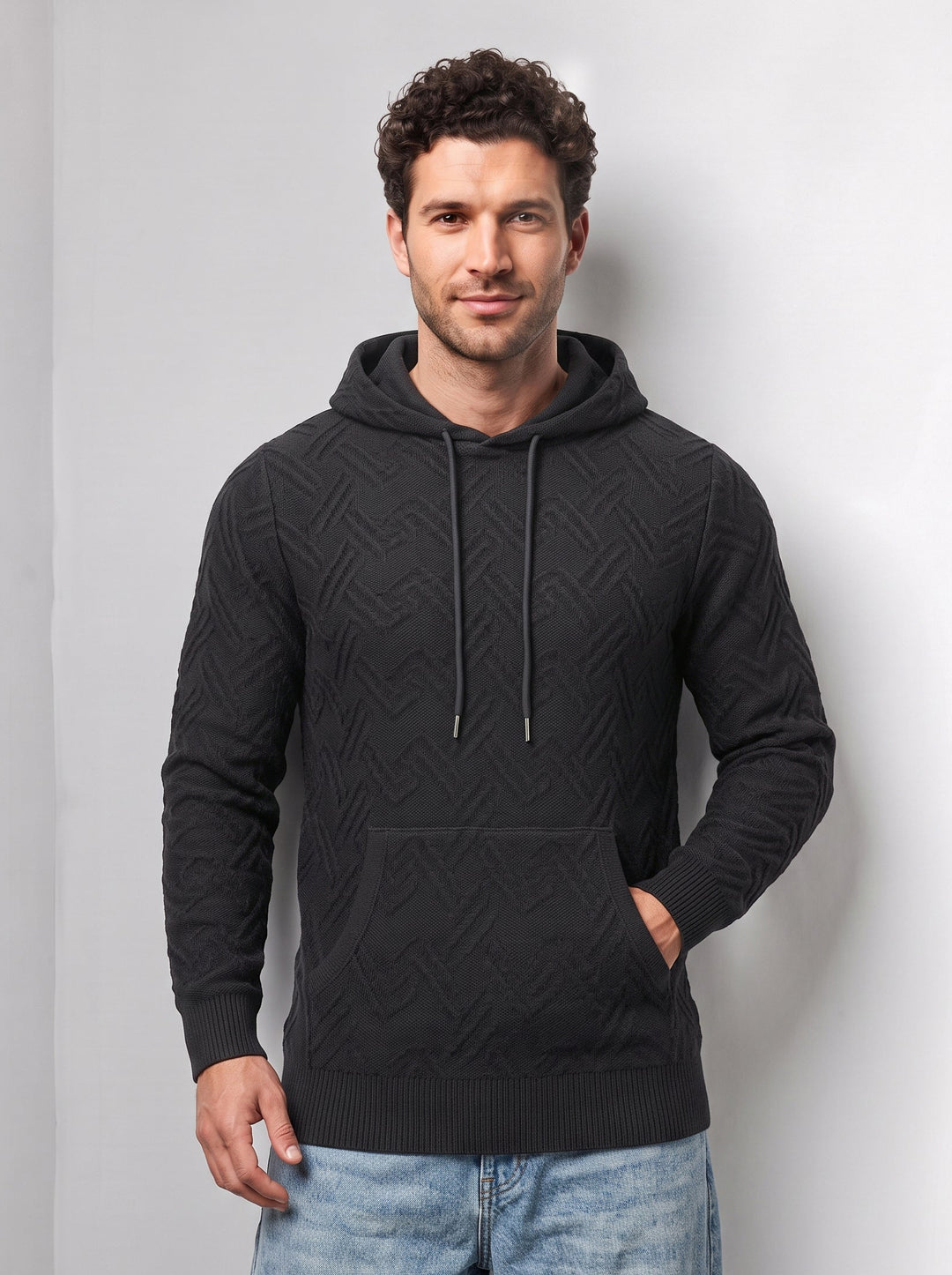 Black Textured Hooded Sweatshirt with Kangaroo Pocket & Drawstring Hood