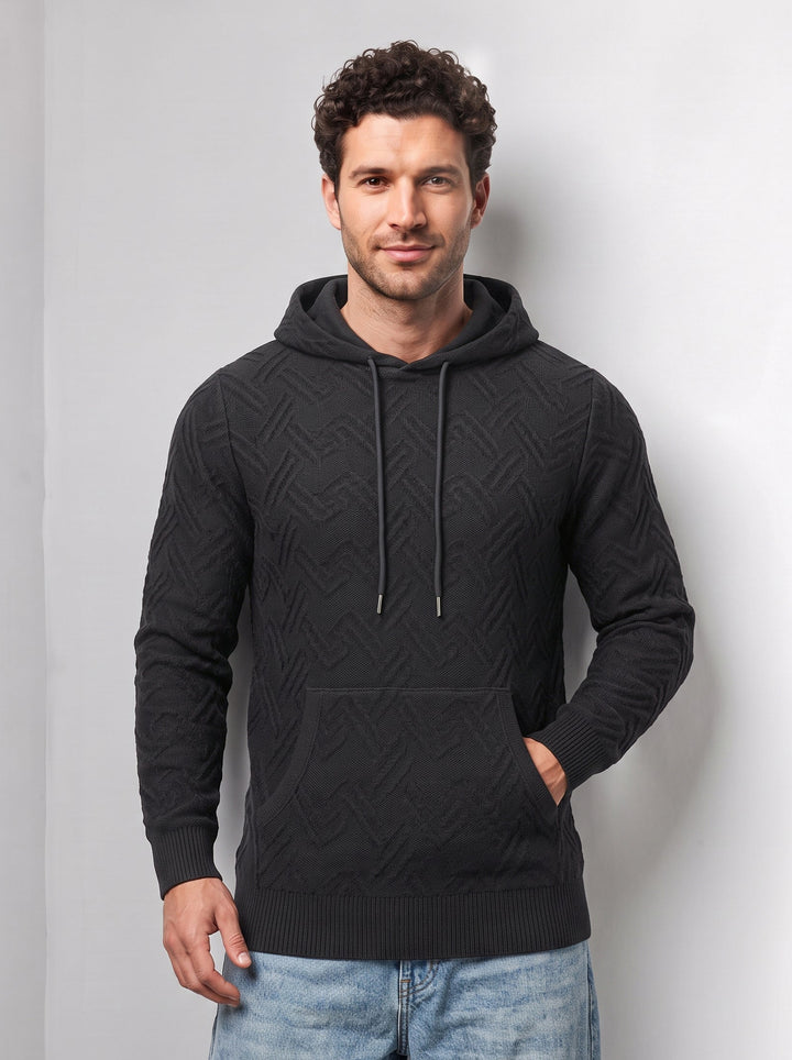 Black Textured Hooded Sweatshirt with Kangaroo Pocket & Drawstring Hood