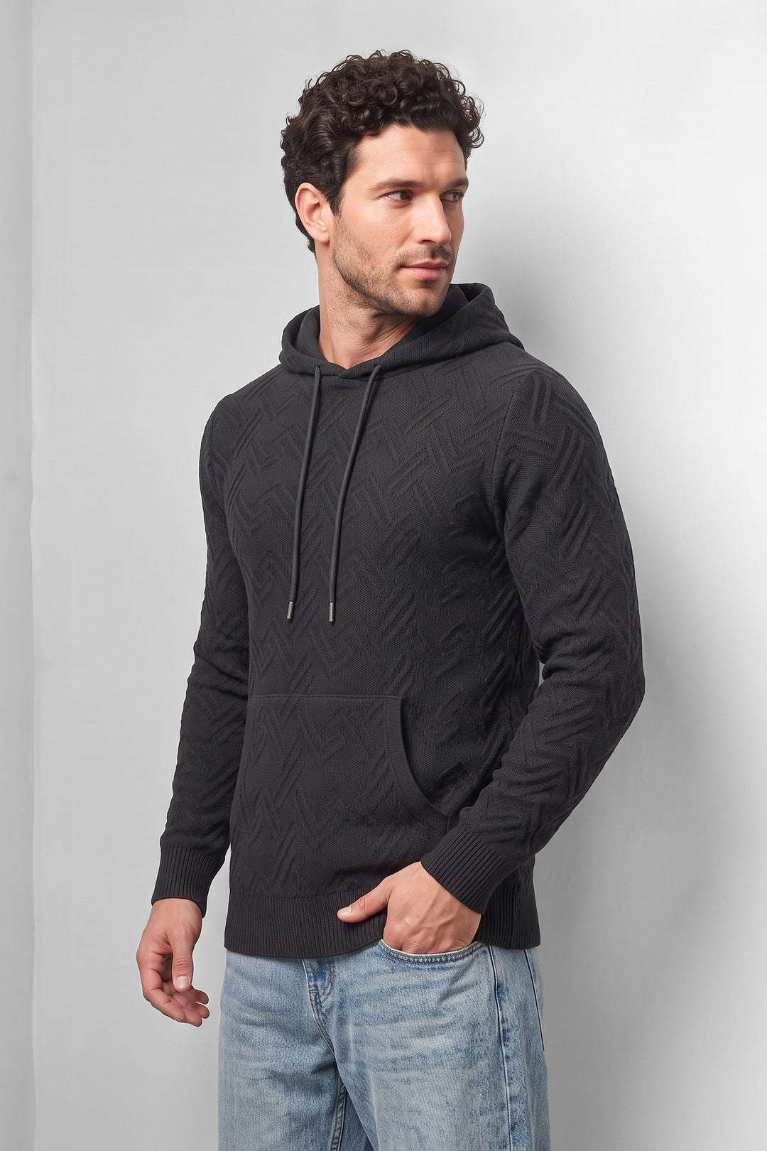 Black Textured Hooded Sweatshirt with Kangaroo Pocket & Drawstring Hood