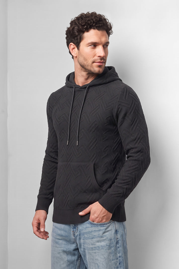 Black Textured Hooded Sweatshirt with Kangaroo Pocket & Drawstring Hood