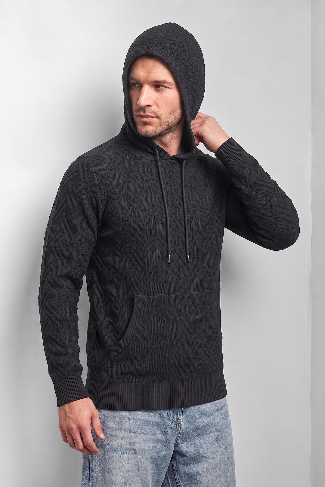 Black Textured Hooded Sweatshirt with Kangaroo Pocket & Drawstring Hood