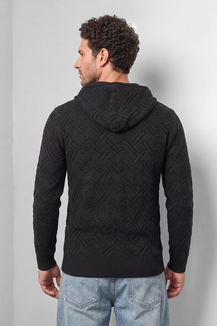 Black Textured Hooded Sweatshirt with Kangaroo Pocket & Drawstring Hood