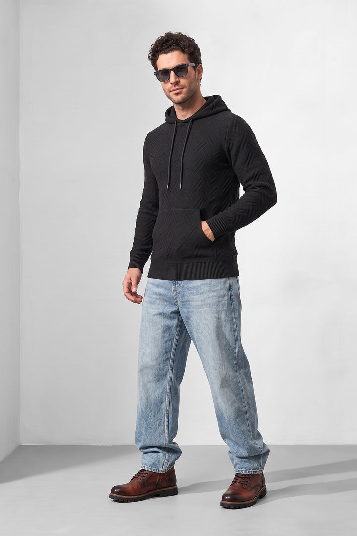 Black Textured Hooded Sweatshirt with Kangaroo Pocket & Drawstring Hood