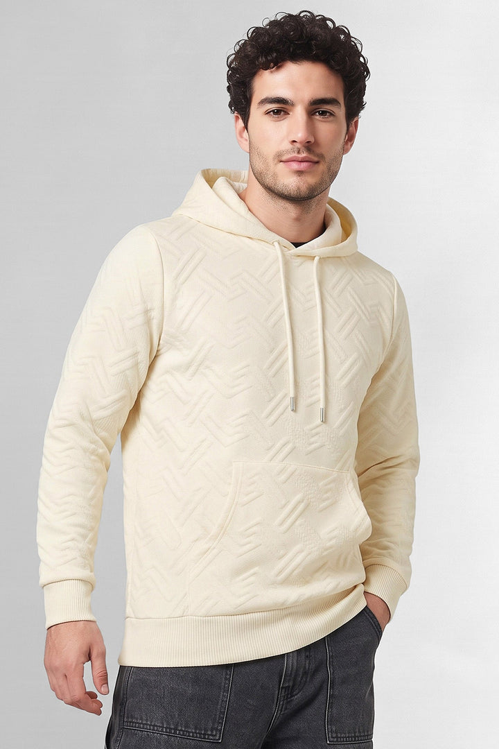 Cream Textured Hooded Sweatshirt with Kangaroo Pocket & Drawstring Hood