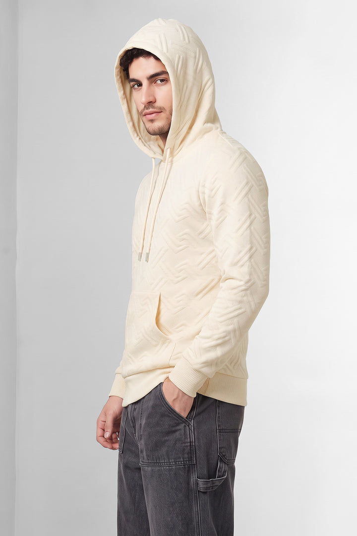 Cream Textured Hooded Sweatshirt with Kangaroo Pocket & Drawstring Hood