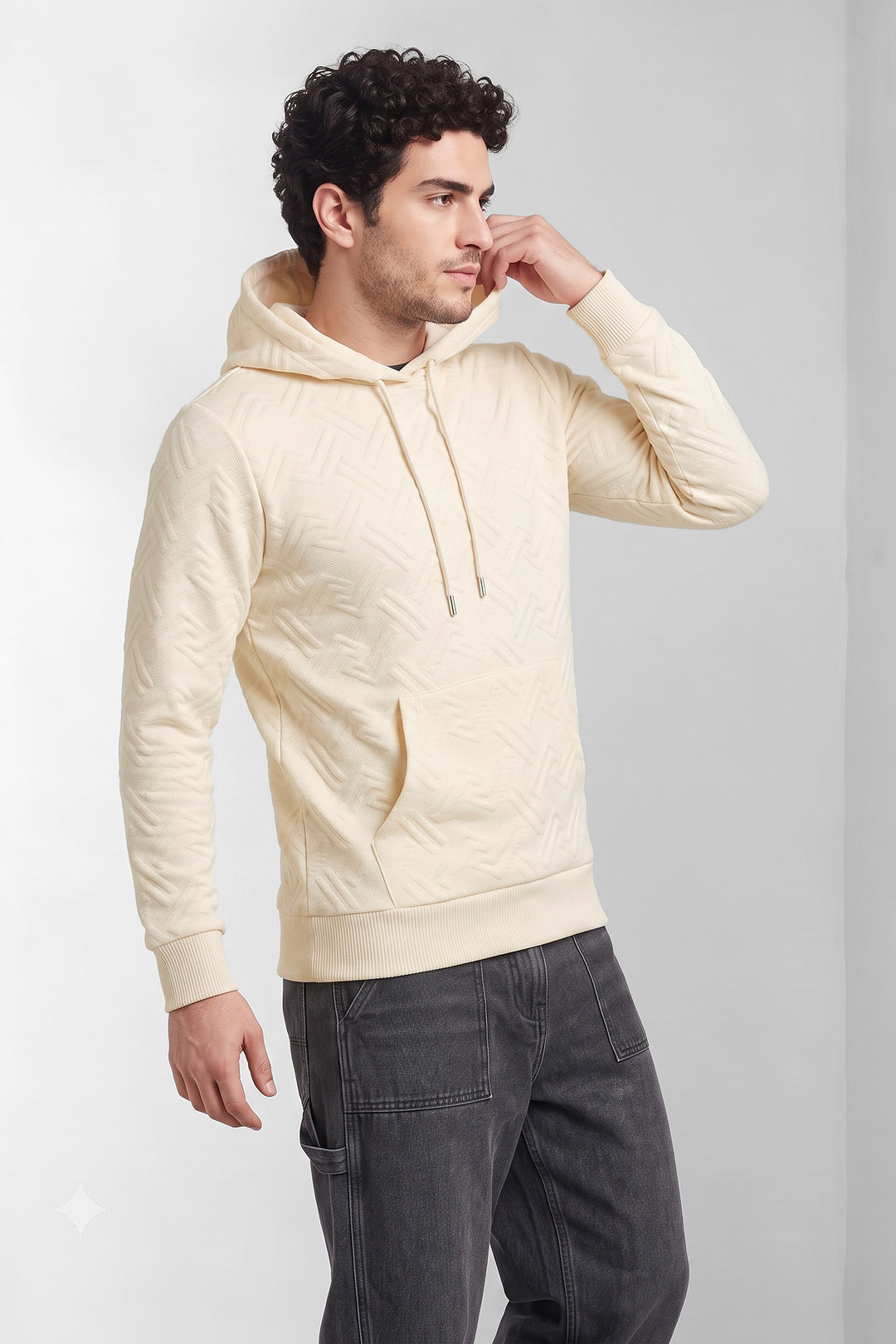 Cream Textured Hooded Sweatshirt with Kangaroo Pocket & Drawstring Hood