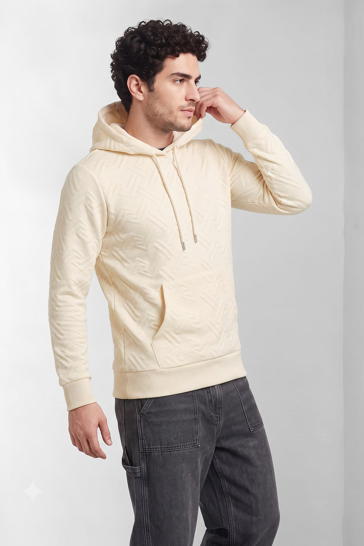 Cream Textured Hooded Sweatshirt with Kangaroo Pocket & Drawstring Hood