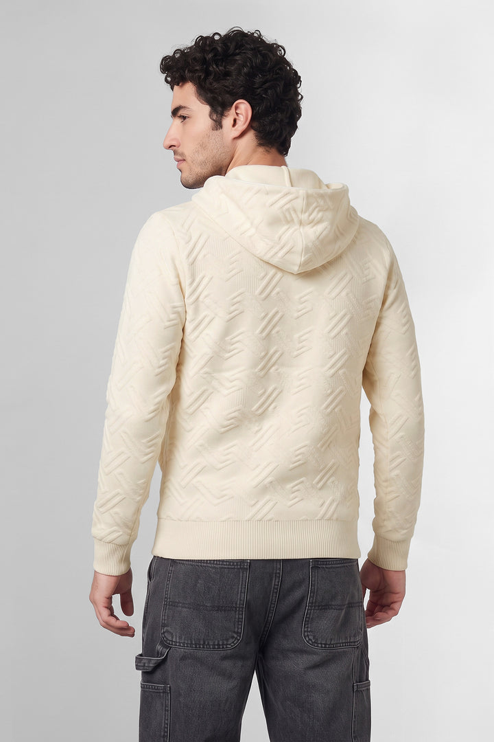 Cream Textured Hooded Sweatshirt with Kangaroo Pocket & Drawstring Hood
