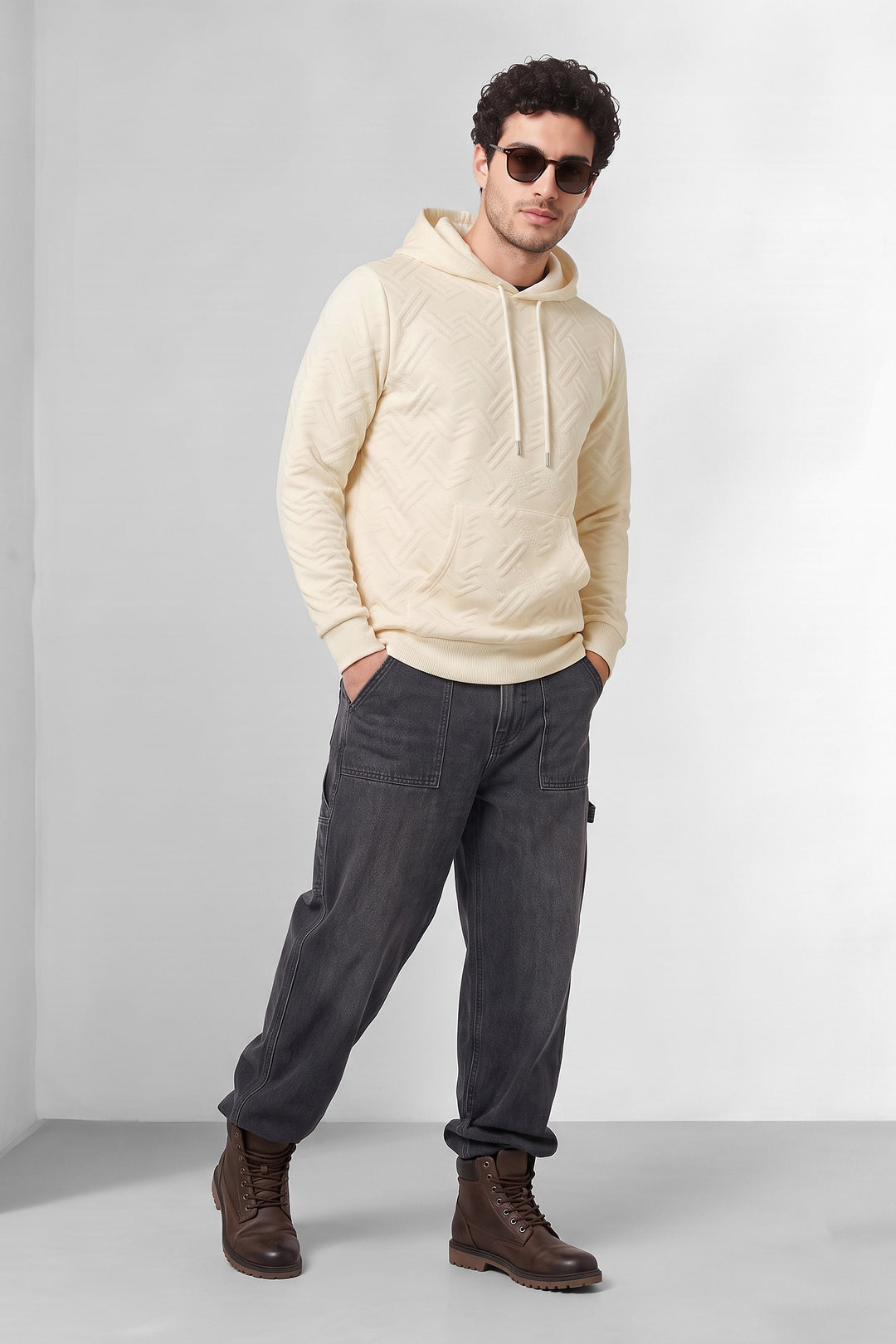 Cream Textured Hooded Sweatshirt with Kangaroo Pocket & Drawstring Hood
