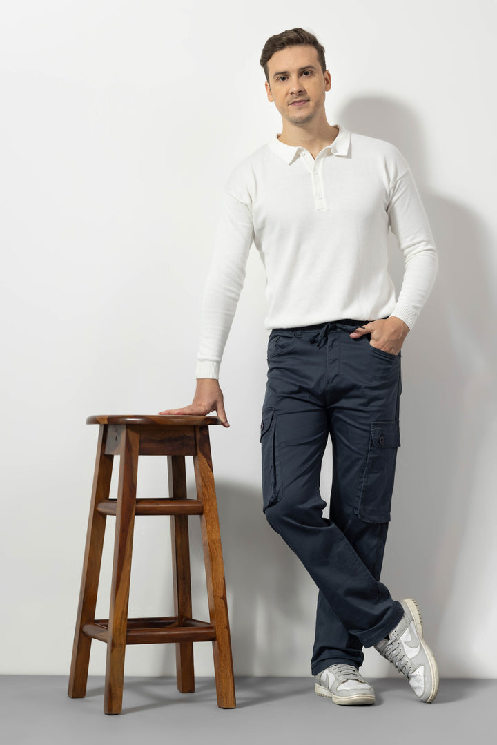 Navy Silm Fit Cotton Cargo Pants