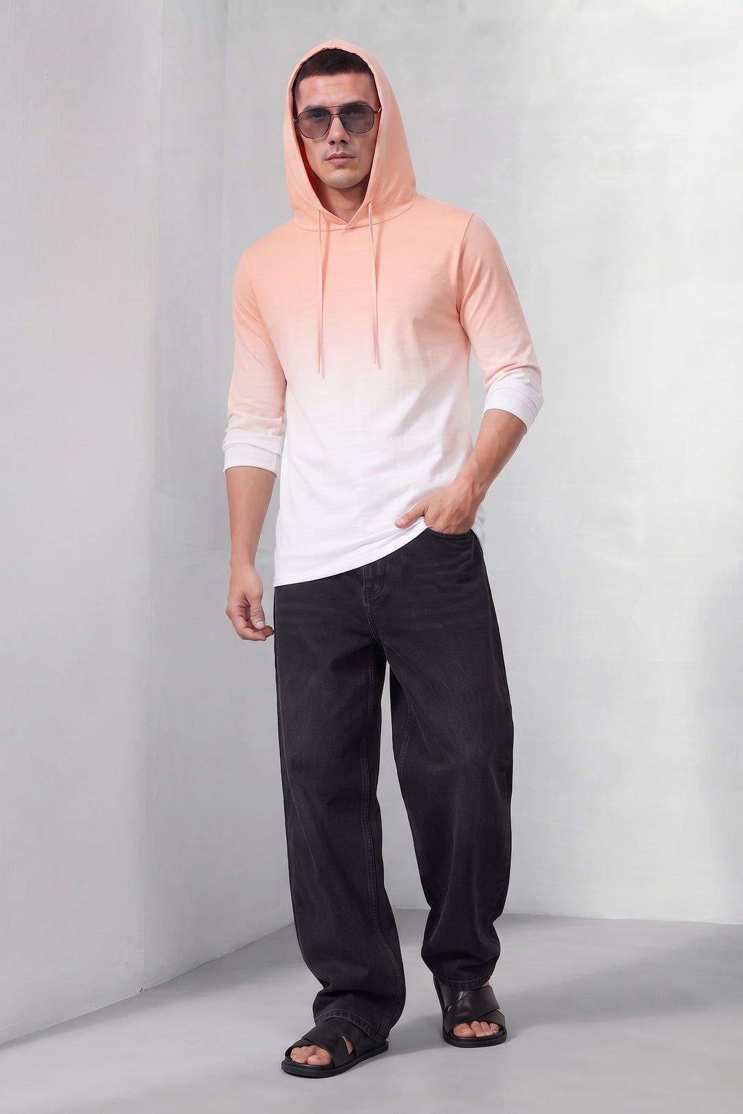 Coral Men Omber Dyed Full Sleeve Hooded T-Shirt