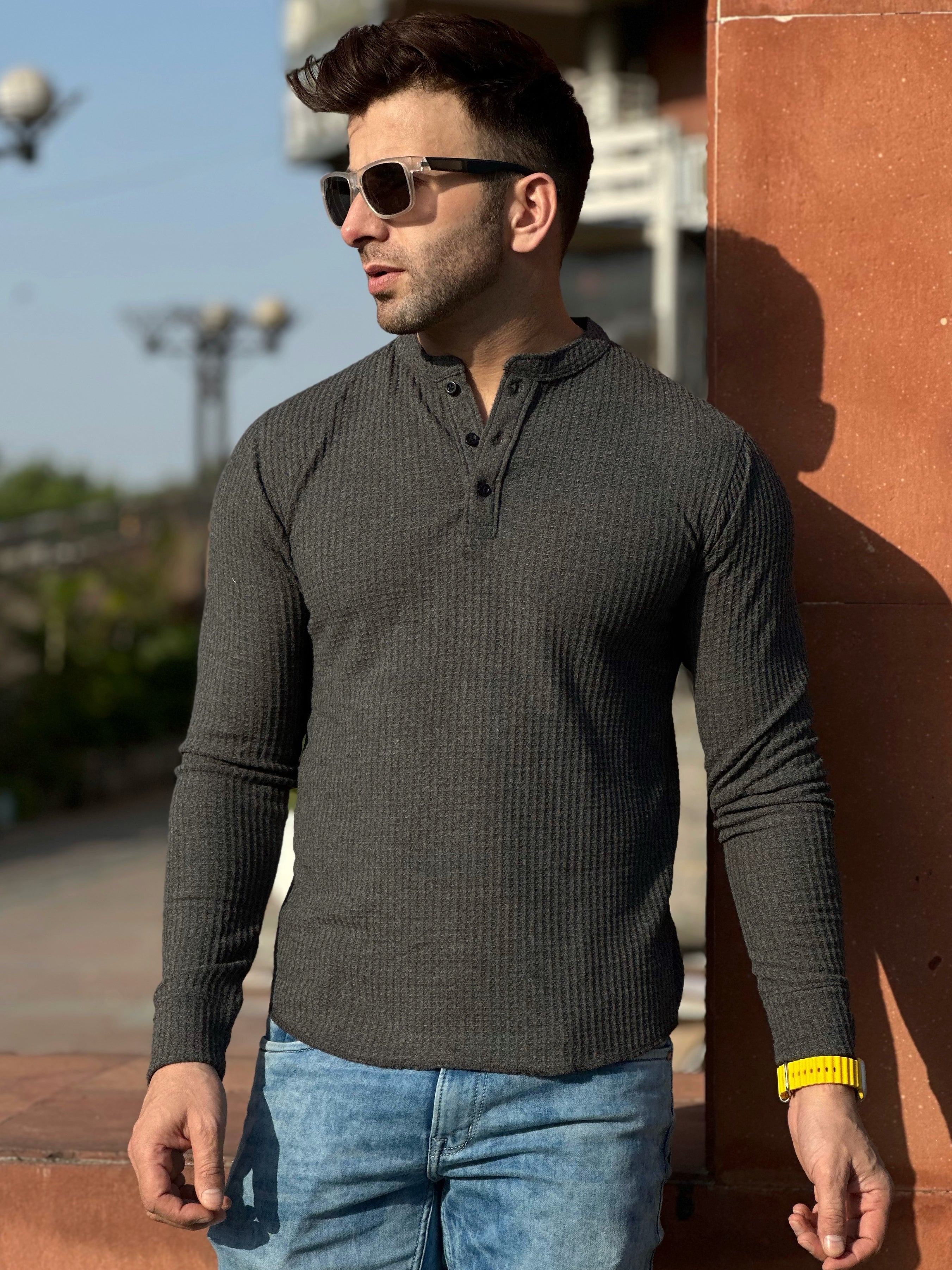 Anthra Self Waffle Knit Henley T-Shirt