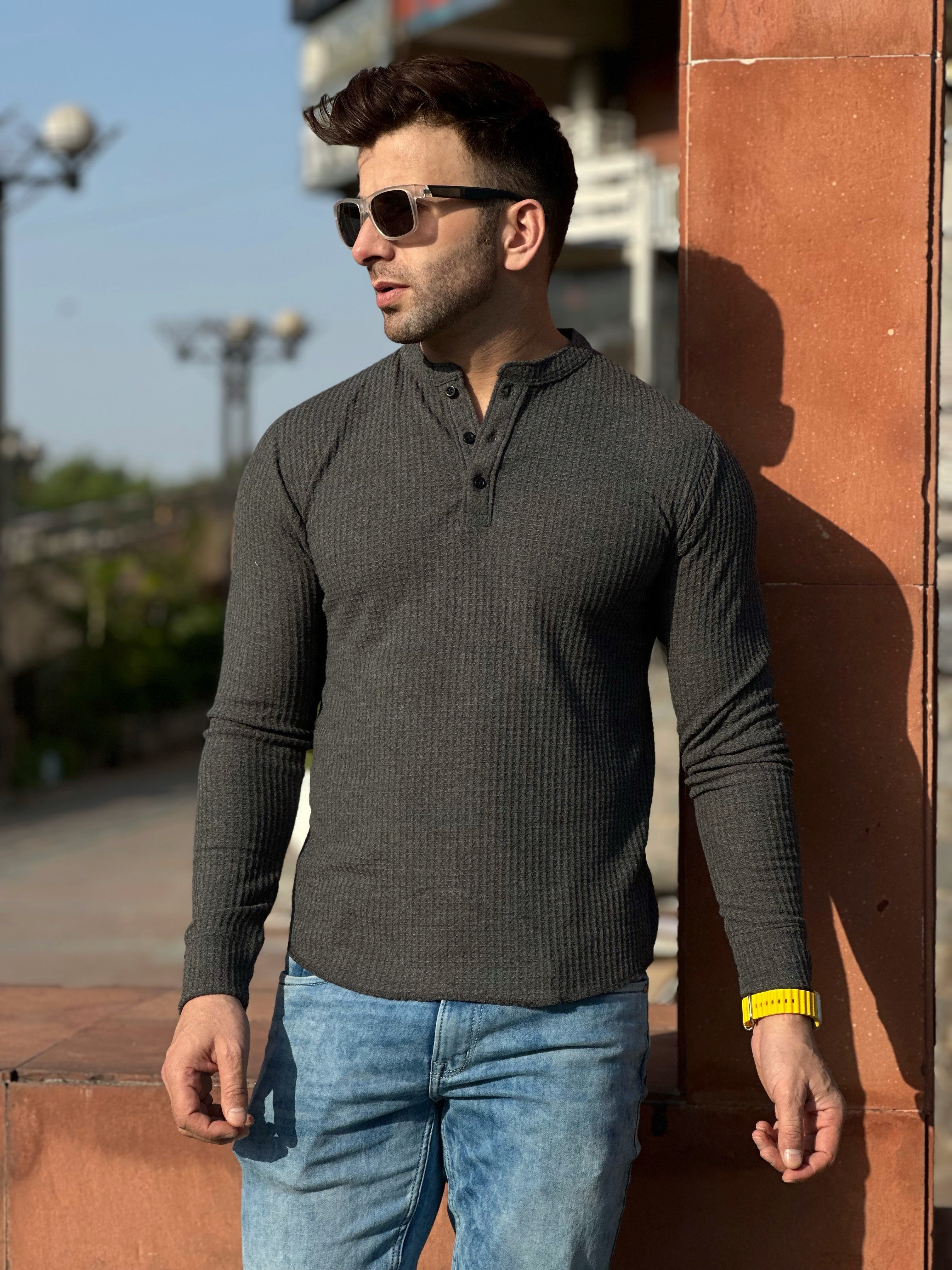 Anthra Self Waffle Knit Henley T-Shirt