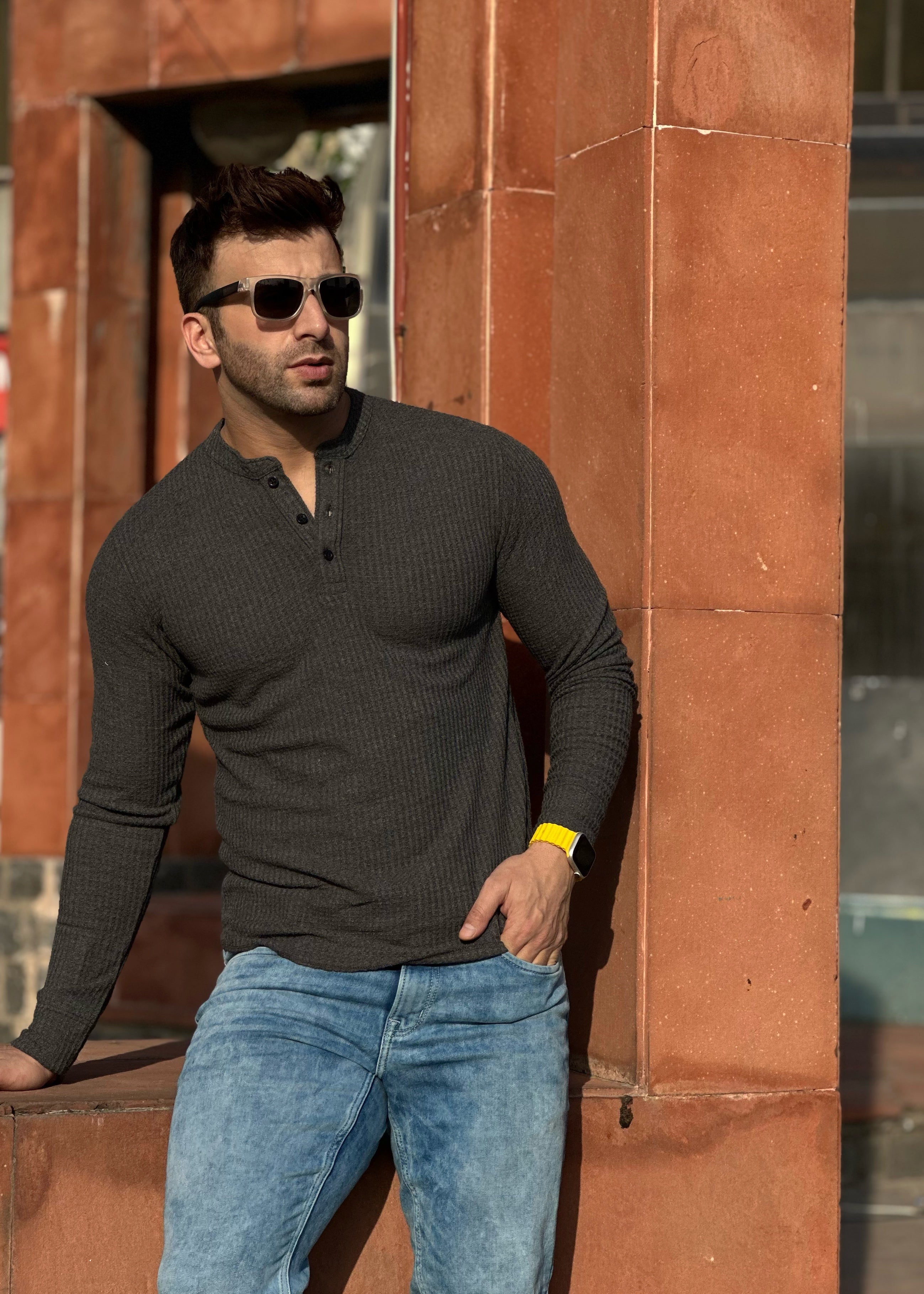 Anthra Self Waffle Knit Henley T-Shirt