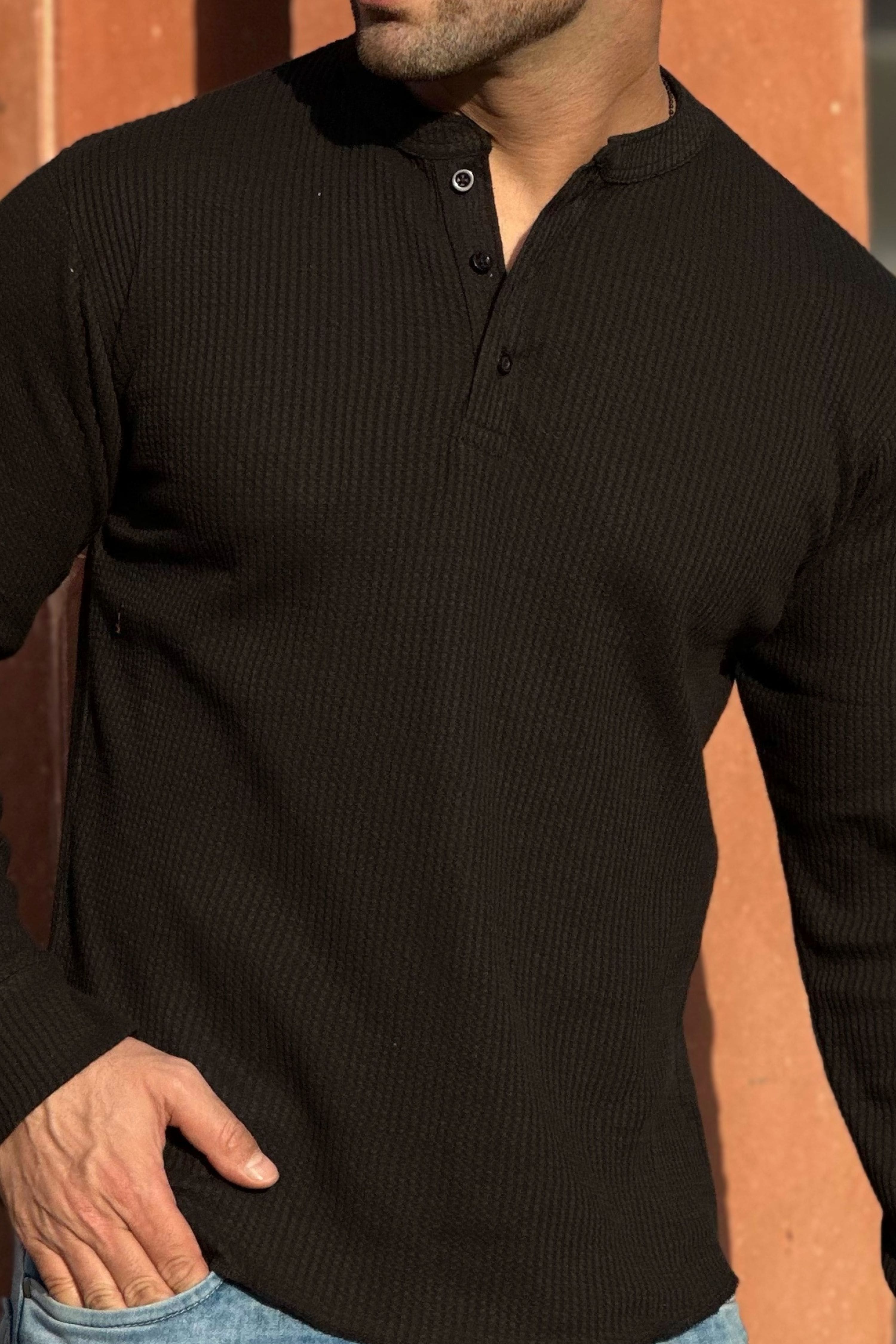 Black Self Waffle Knit Henley T-Shirt