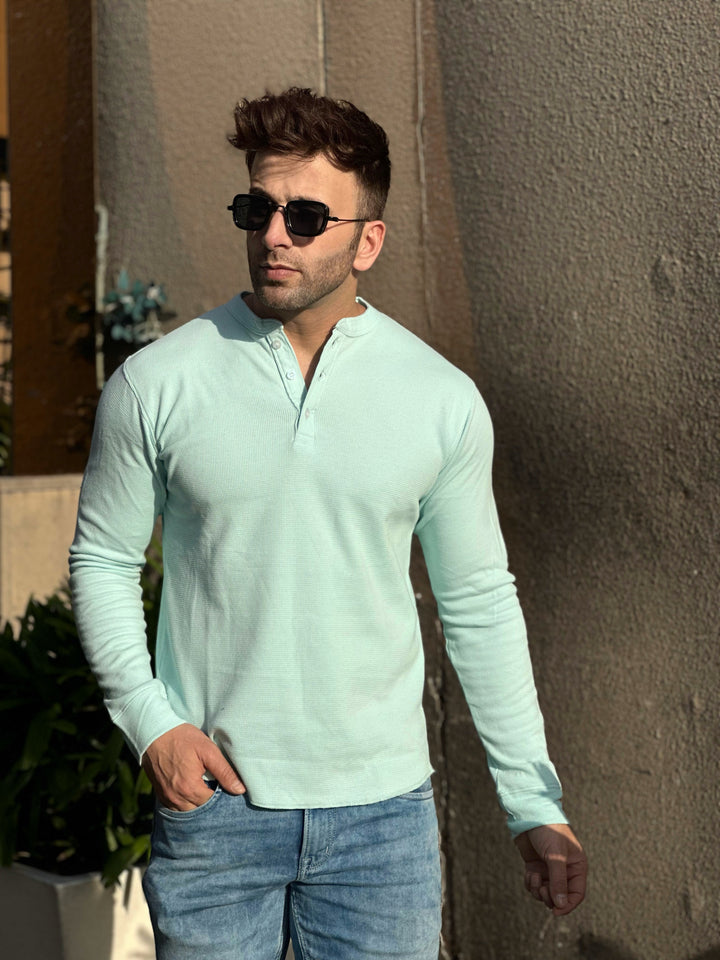 Light Blue Self Waffle Knit Henley T-Shirt