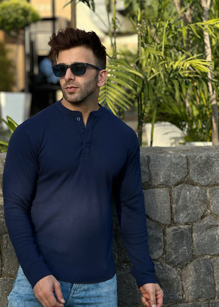 Navy Self Waffle Knit Henley T-Shirt