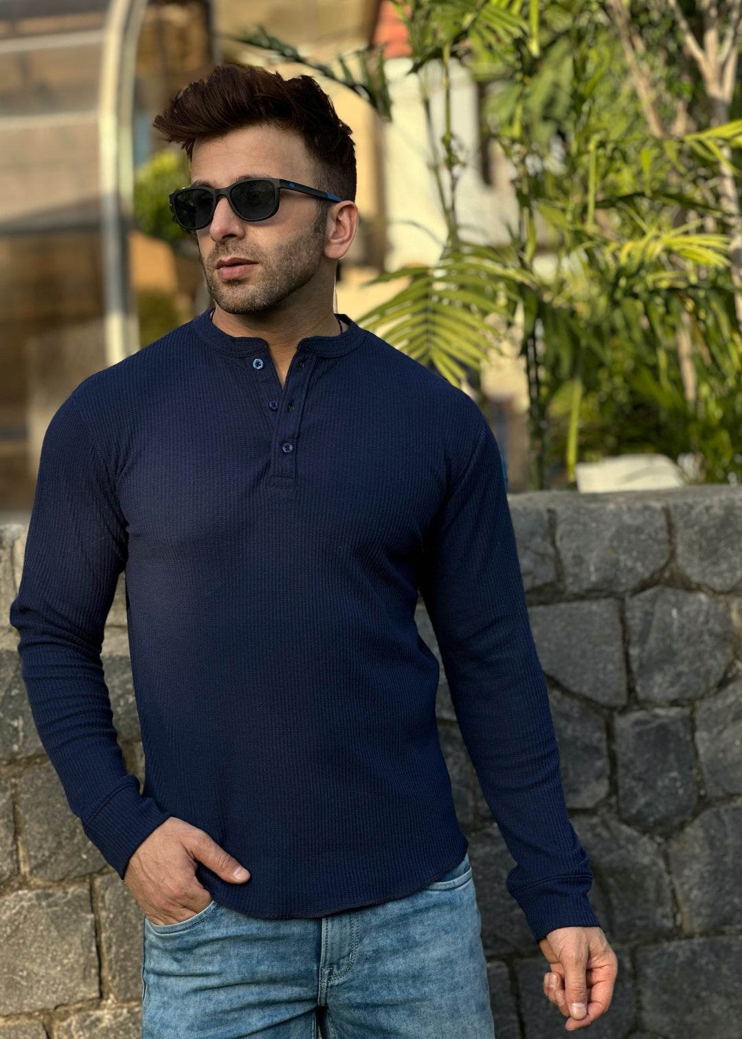 Navy Self Waffle Knit Henley T-Shirt