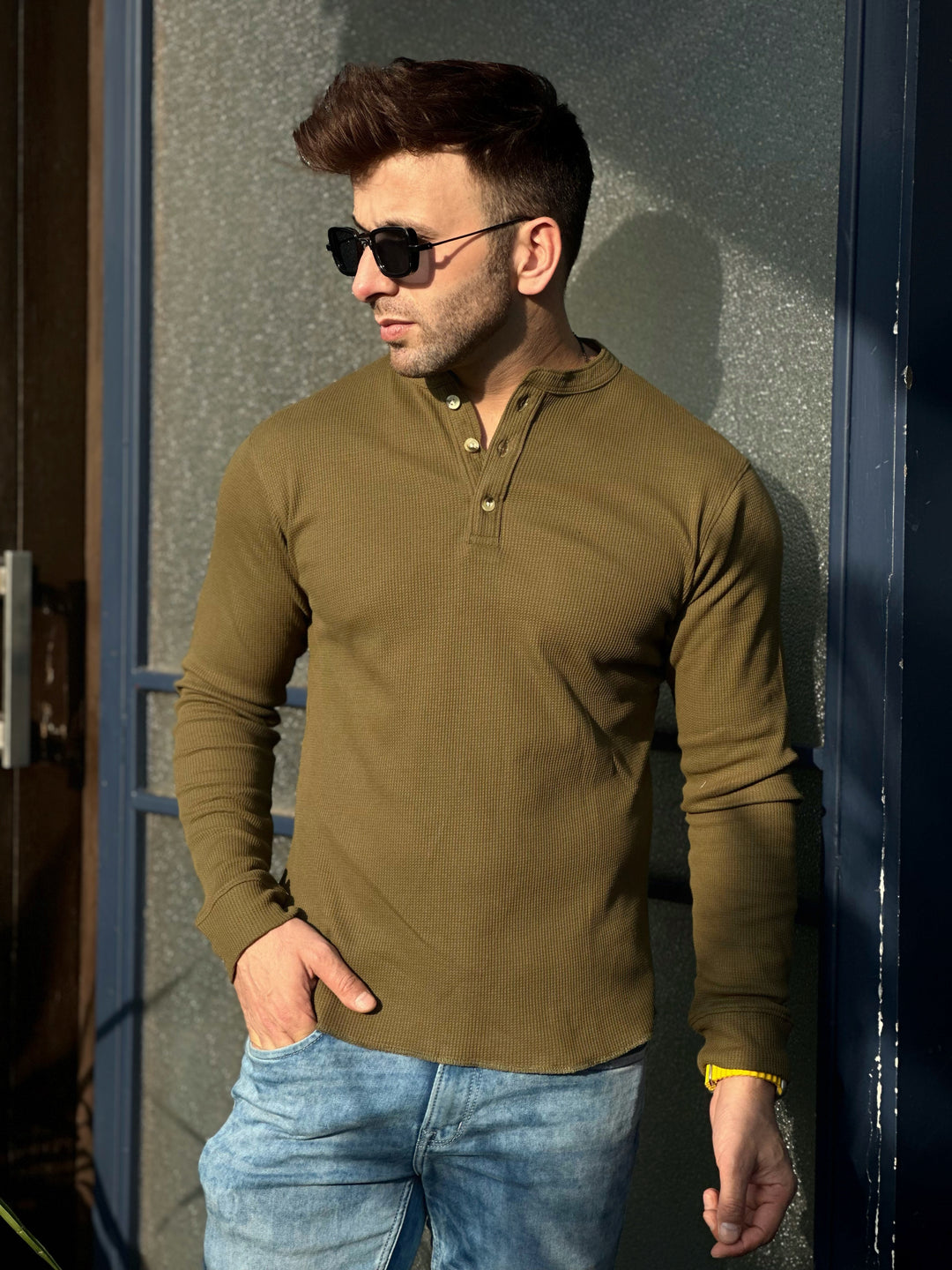 Olive Self Waffle Knit Henley T-Shirt