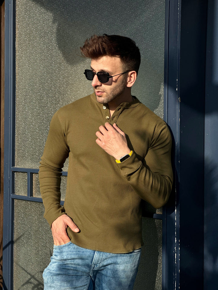 Olive Self Waffle Knit Henley T-Shirt