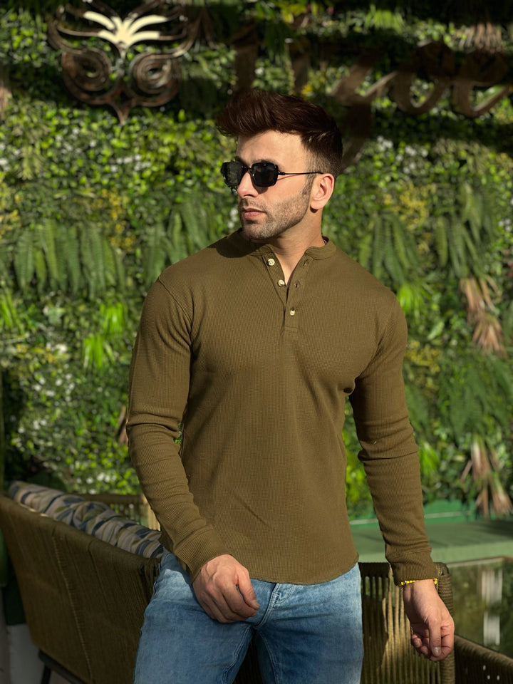Olive Self Waffle Knit Henley T-Shirt