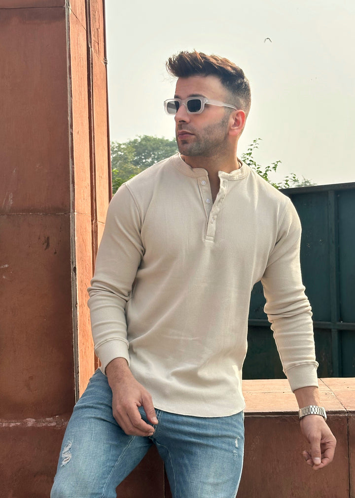 Cream Waffle Knit Henley Neck T-Shirt