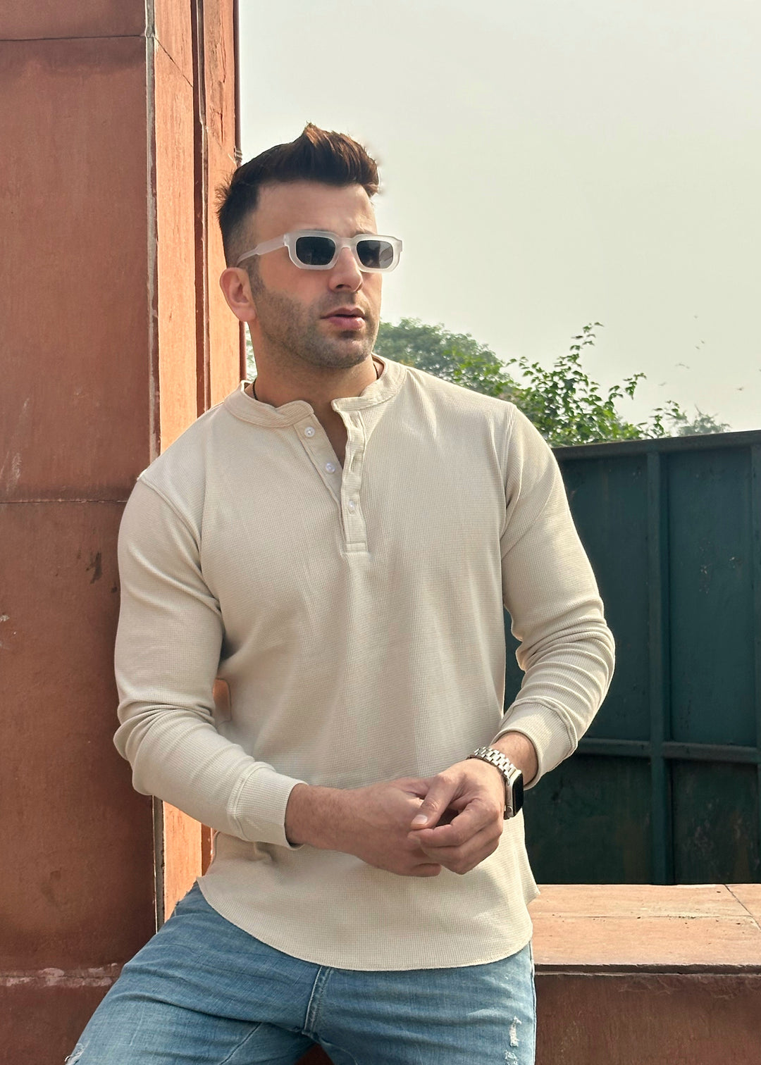 Cream Waffle Knit Henley Neck T-Shirt