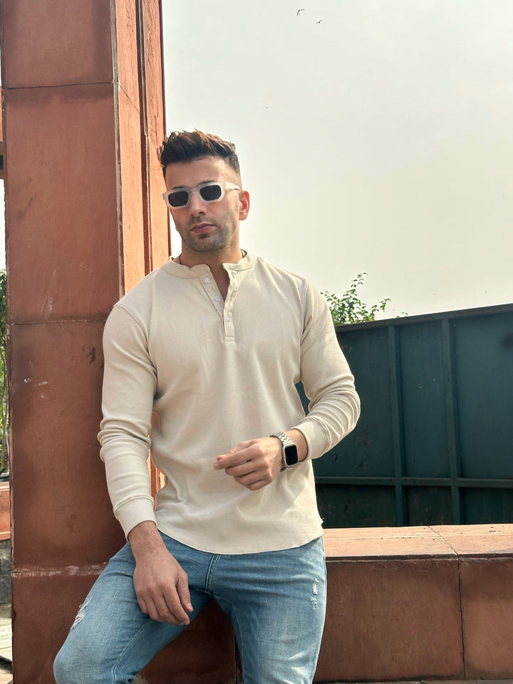 Cream Waffle Knit Henley Neck T-Shirt