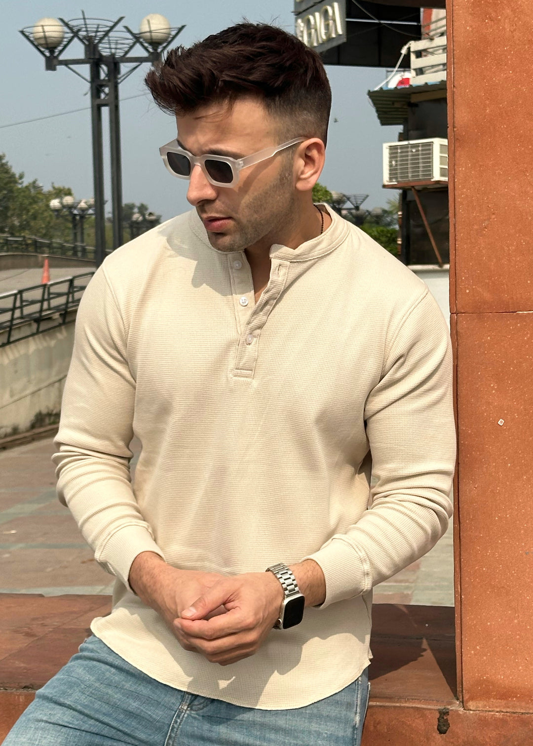 Cream Waffle Knit Henley Neck T-Shirt