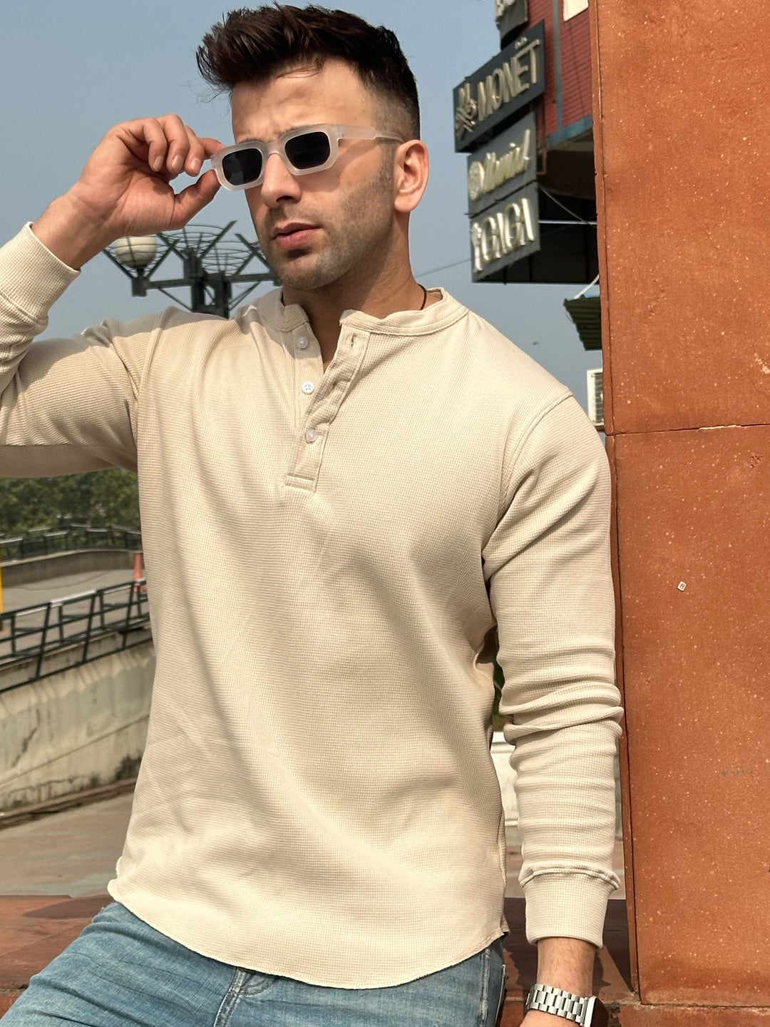 Cream Waffle Knit Henley Neck T-Shirt