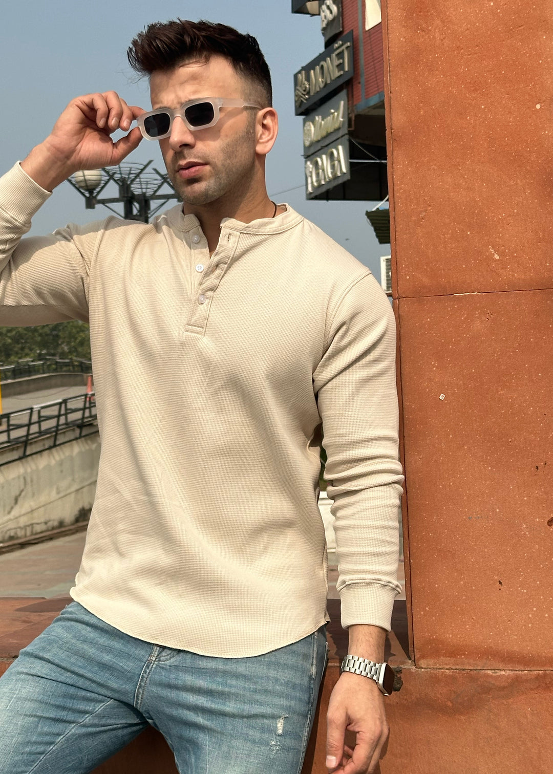 Cream Waffle Knit Henley Neck T-Shirt