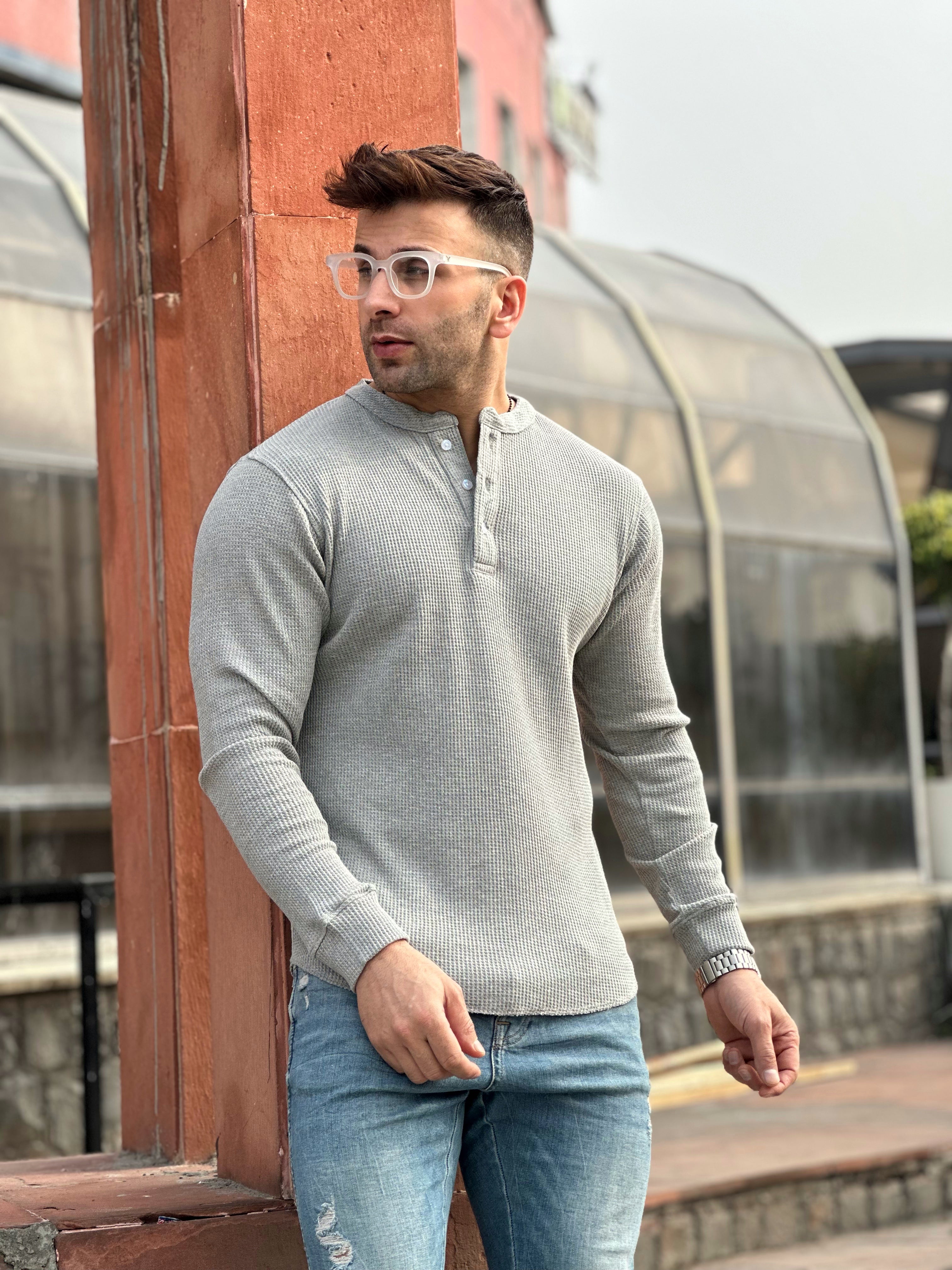 Grey Melange Waffle Knit Henley Neck T-Shirt