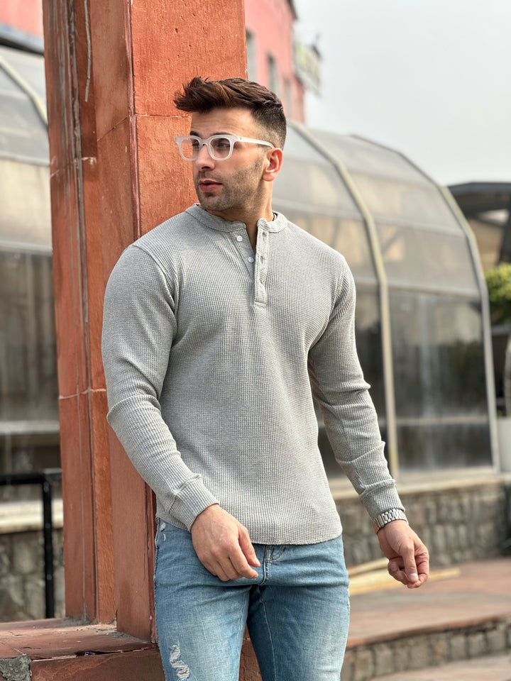 Grey Melange Waffle Knit Henley Neck T-Shirt
