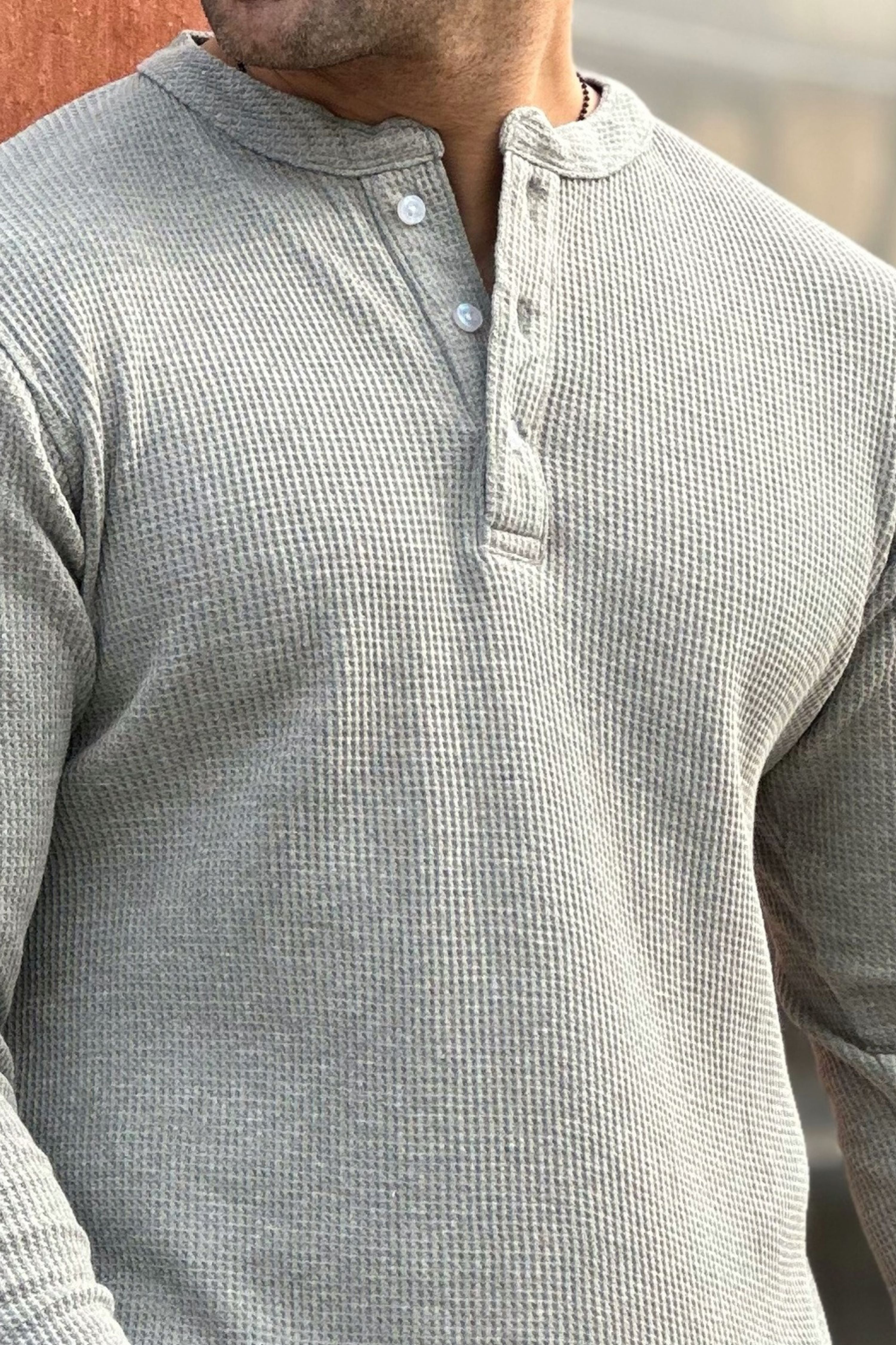 Grey Melange Waffle Knit Henley Neck T-Shirt