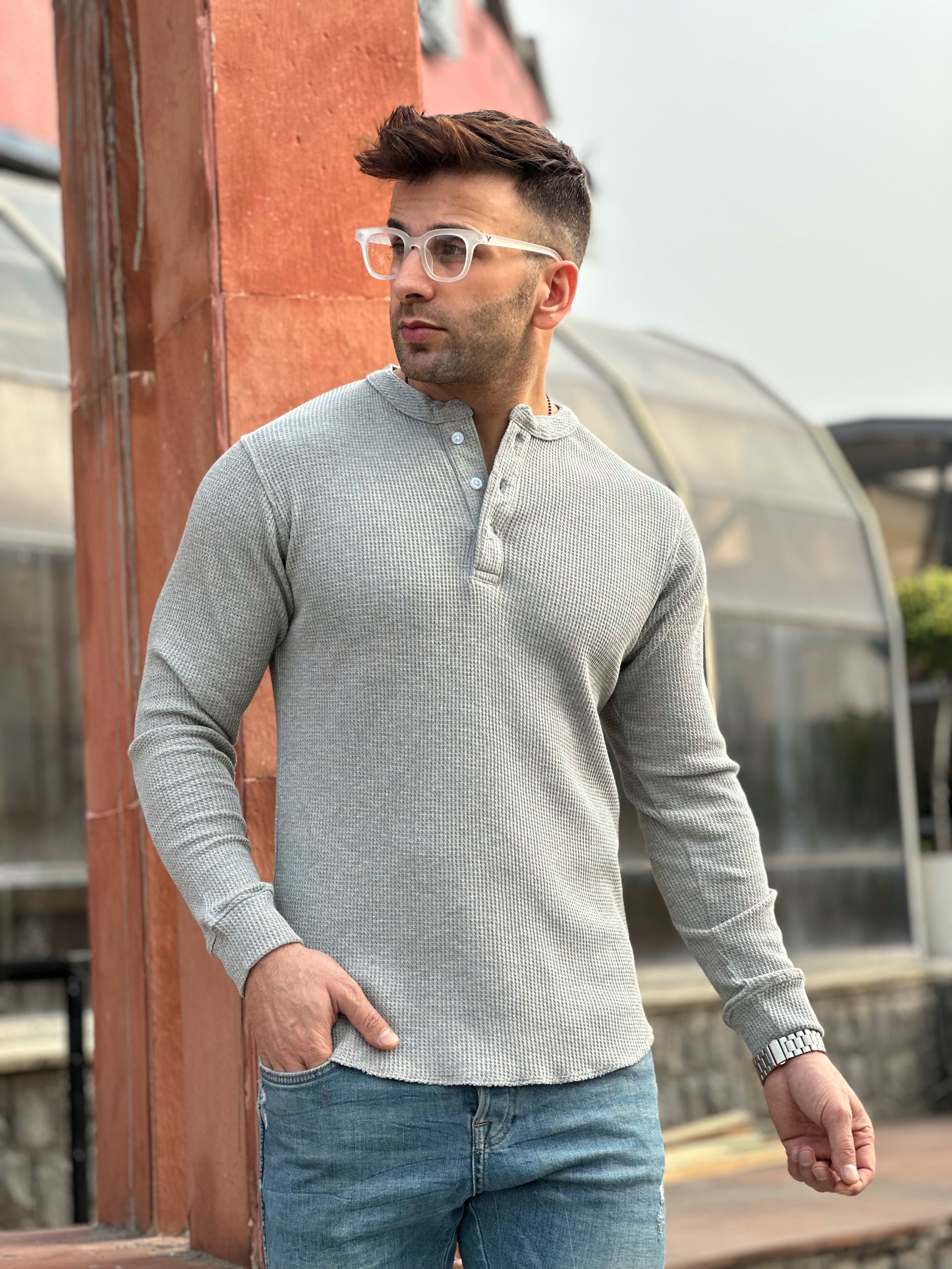 Grey Melange Waffle Knit Henley Neck T-Shirt