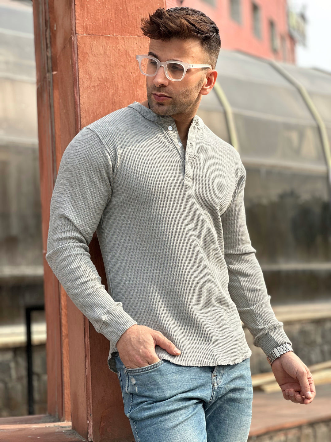 Grey Melange Waffle Knit Henley Neck T-Shirt1