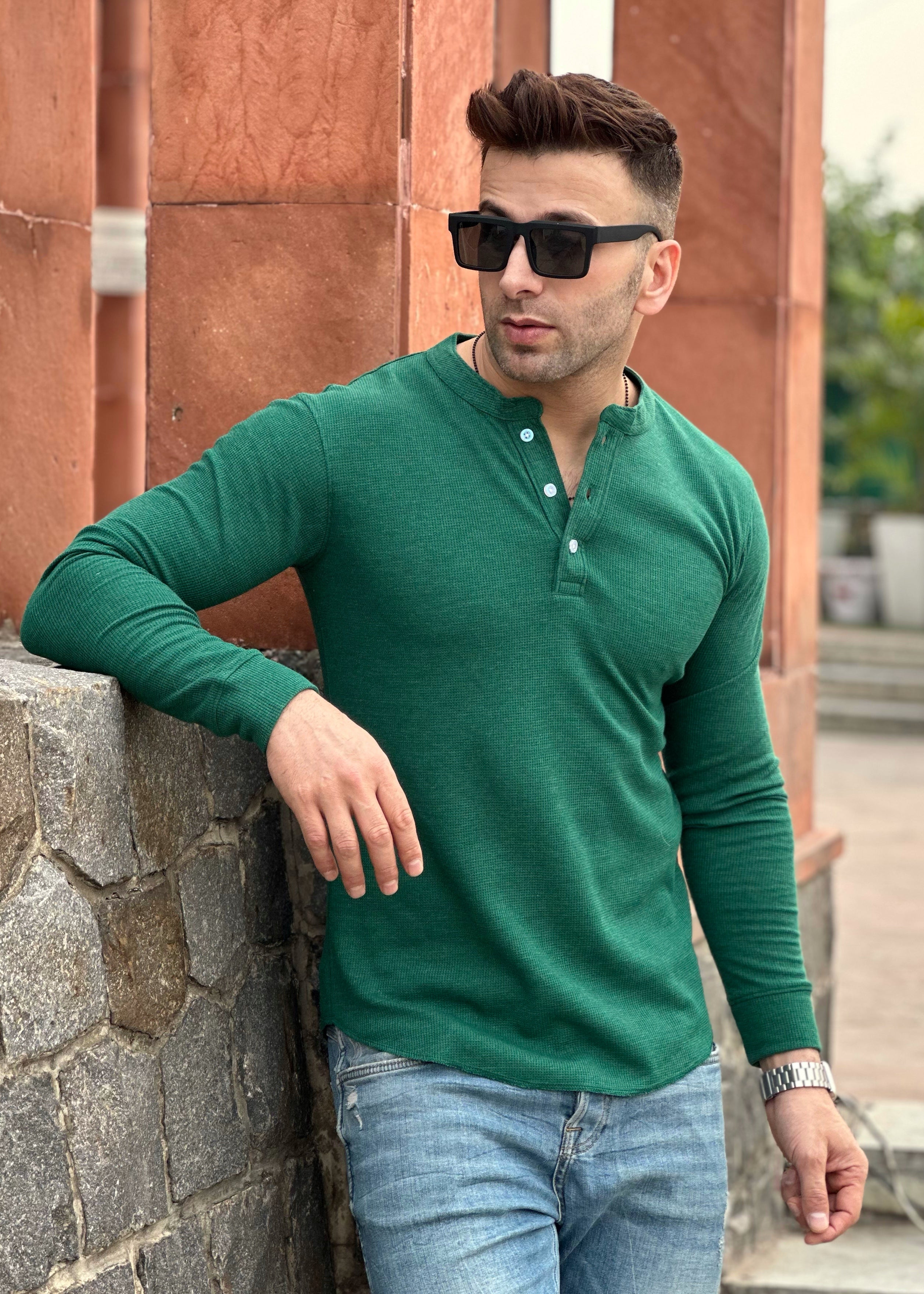 Green Waffle Knit Henley Neck T-Shirt