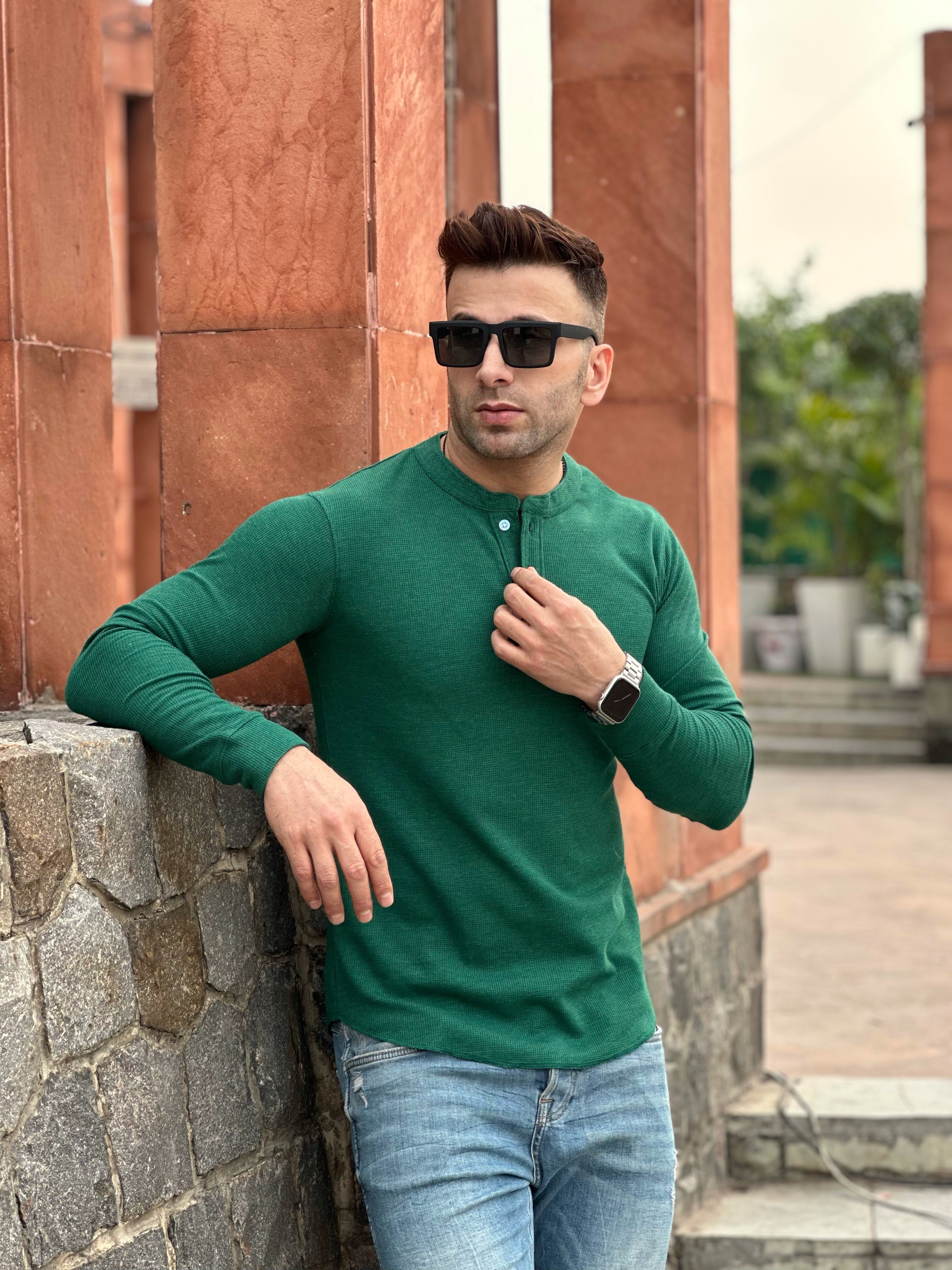 Green Waffle Knit Henley Neck T-Shirt